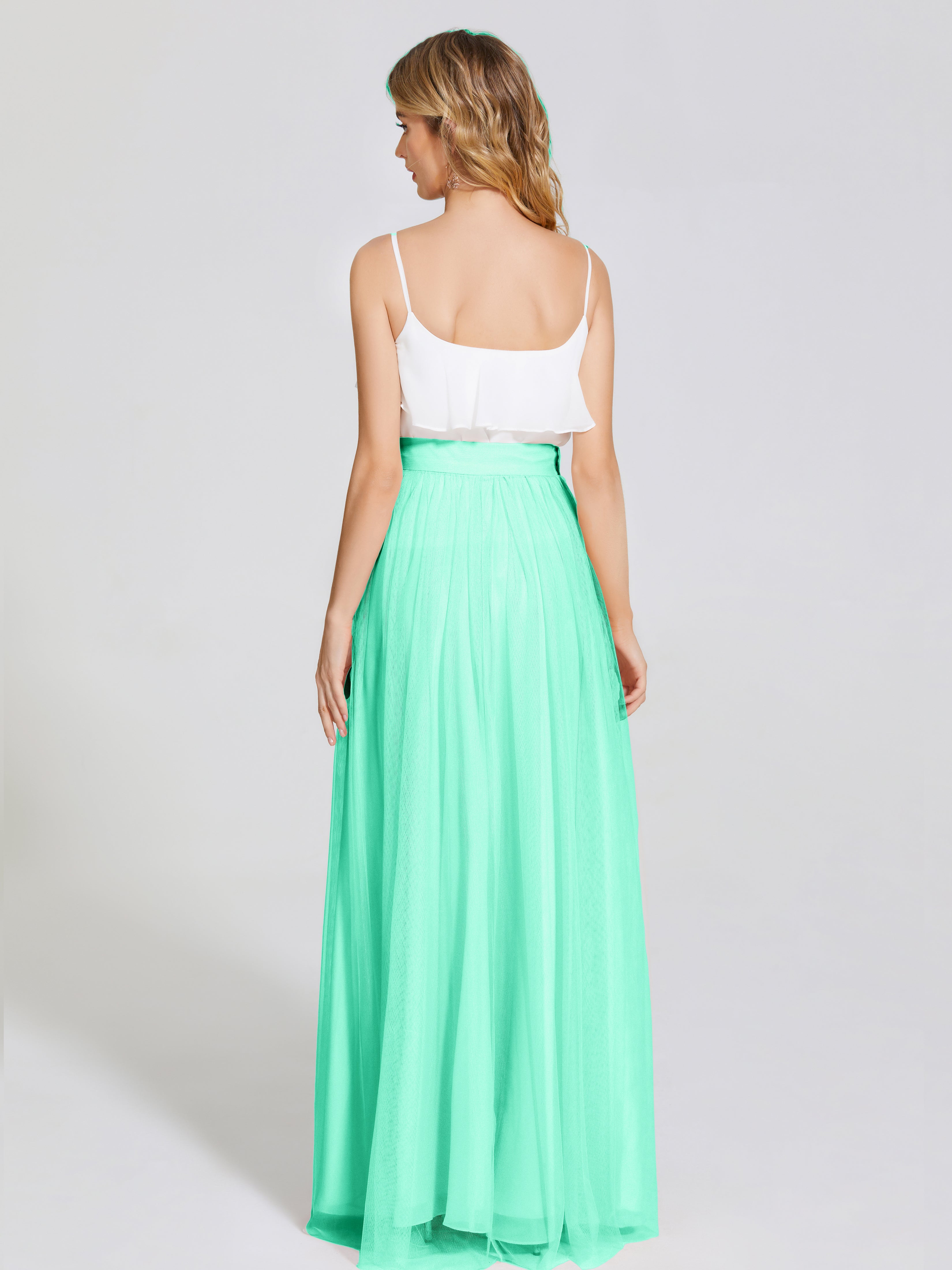 Demoiselle Dhonneur Robe Bleu Turquoise Deux Pièces Trapèze Longue Tulle Jupe