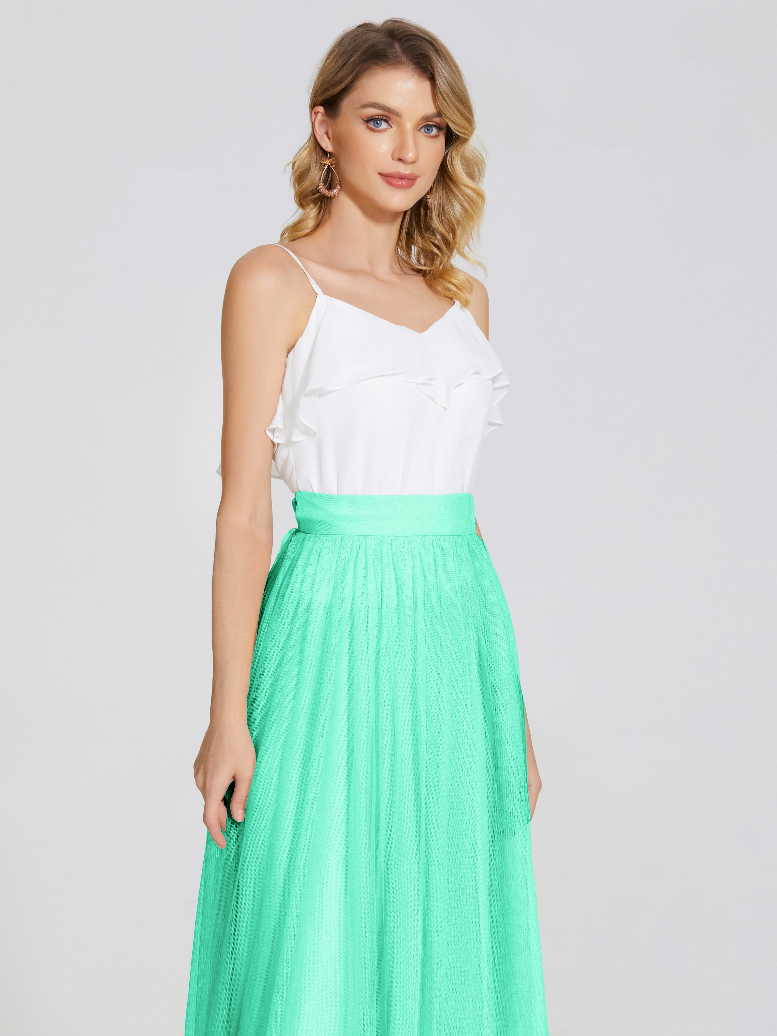 Demoiselle Dhonneur Robe Bleu Turquoise Deux Pièces Trapèze Longue Tulle Jupe