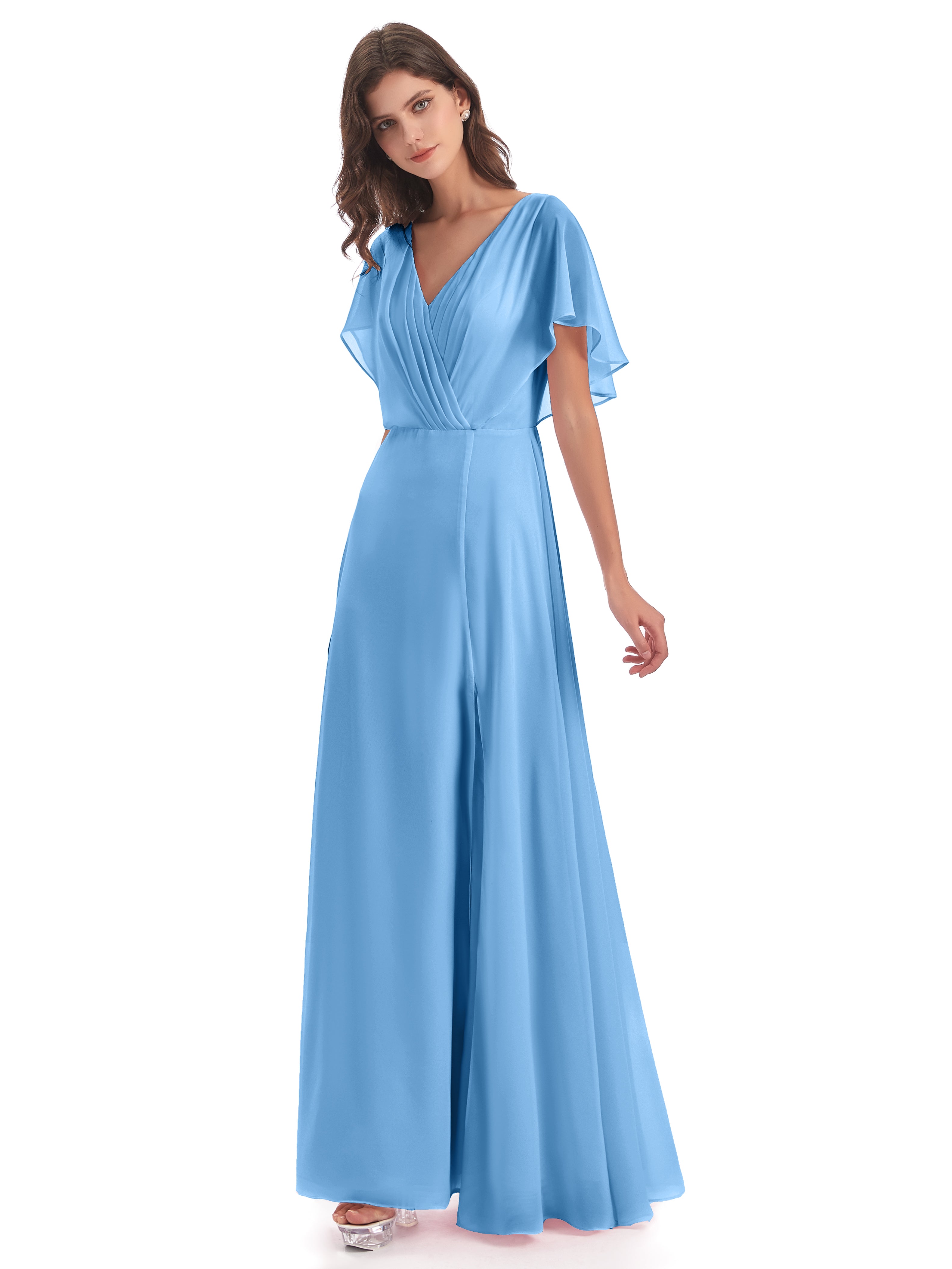 Robes De Demoiselle D'Honneur Bleu Clair Longues Dos Ouvert Fendue Devant Robes Demoiselle D'Honneur