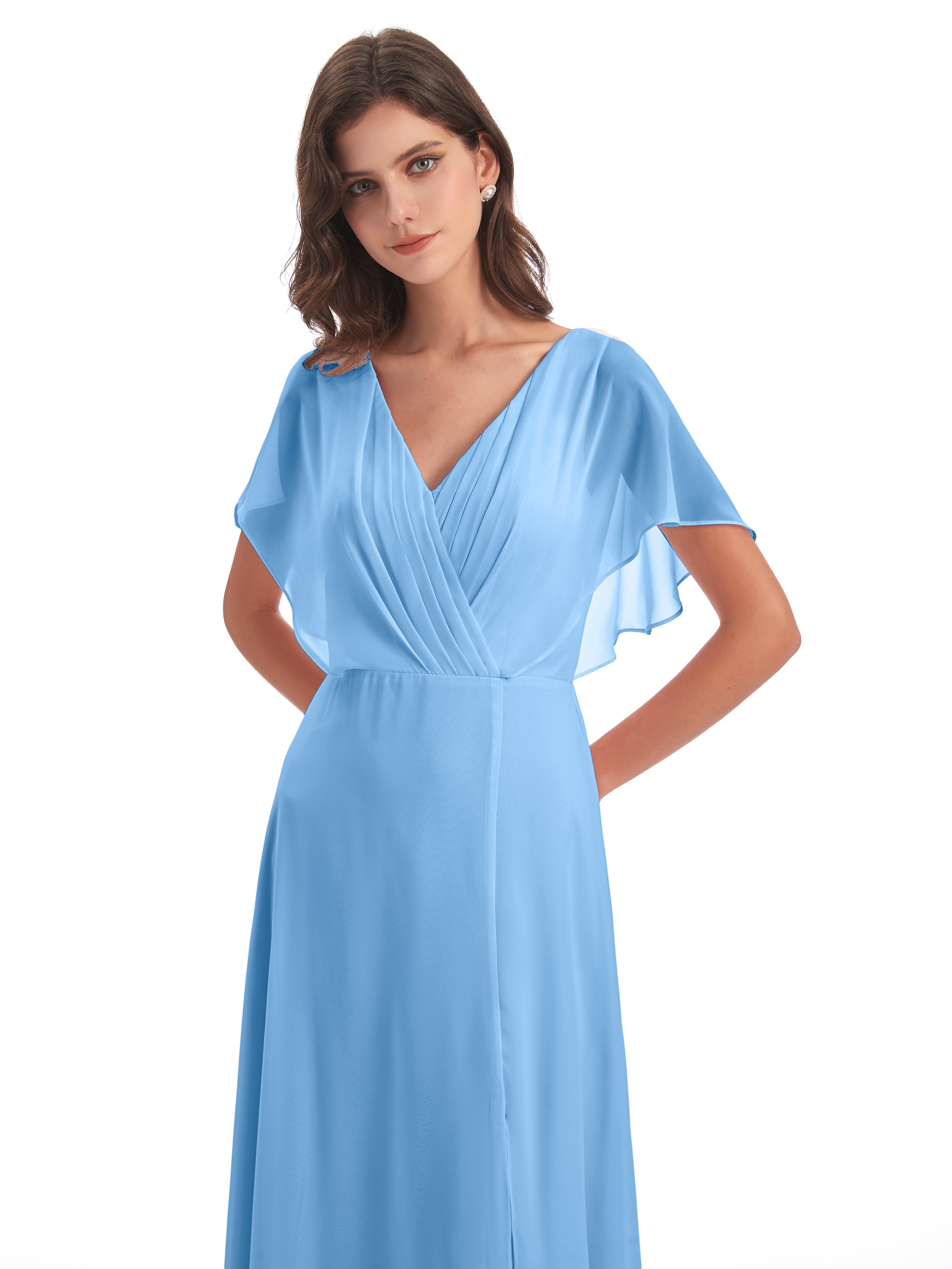 Robes De Demoiselle D'Honneur Bleu Clair Longues Dos Ouvert Fendue Devant Robes Demoiselle D'Honneur