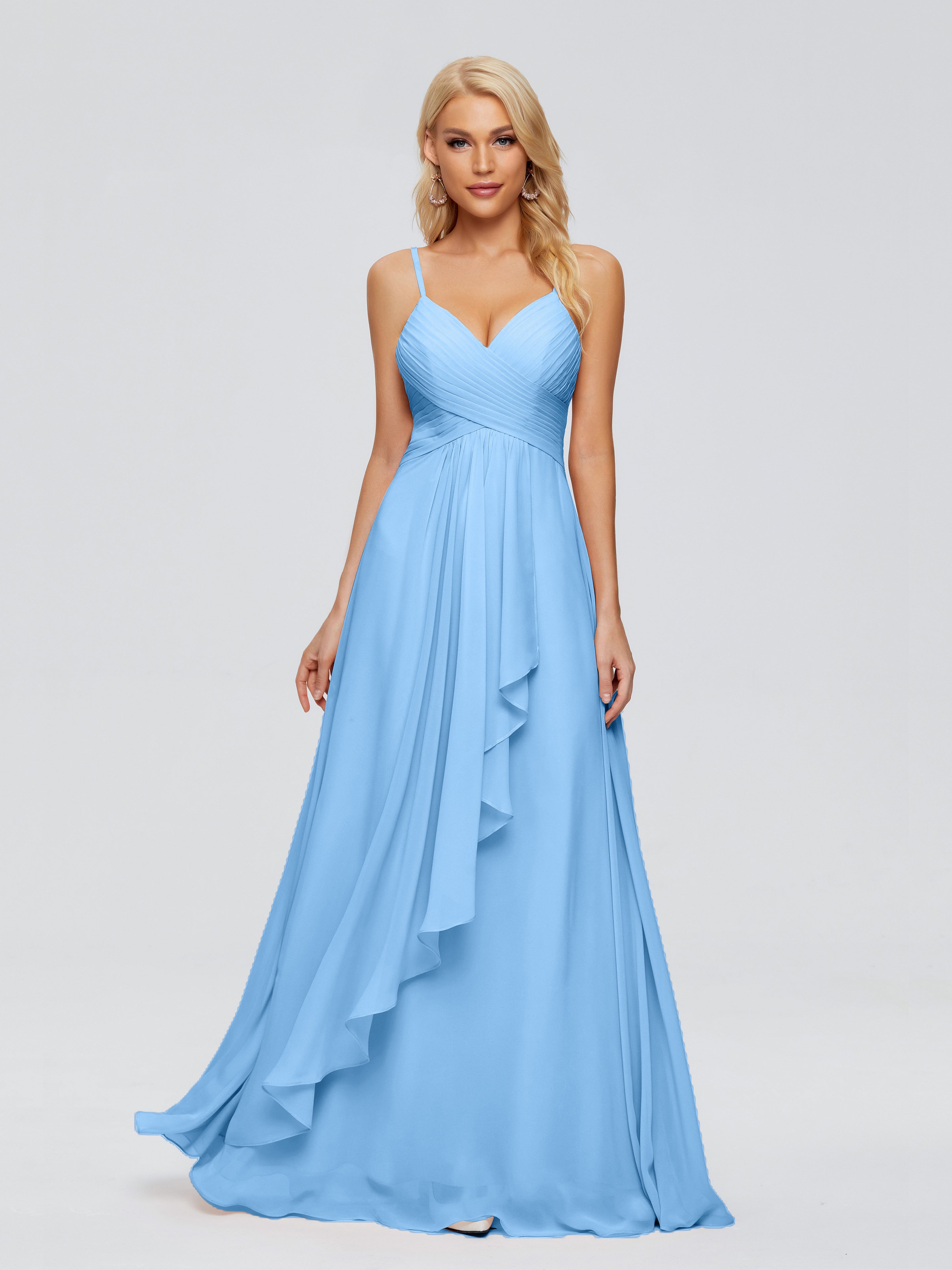 Robe Demoiselle D Honneur Bleue Trapèze Bretelles Spaghetti Mousseline Robes Demoiselle D'Honneur