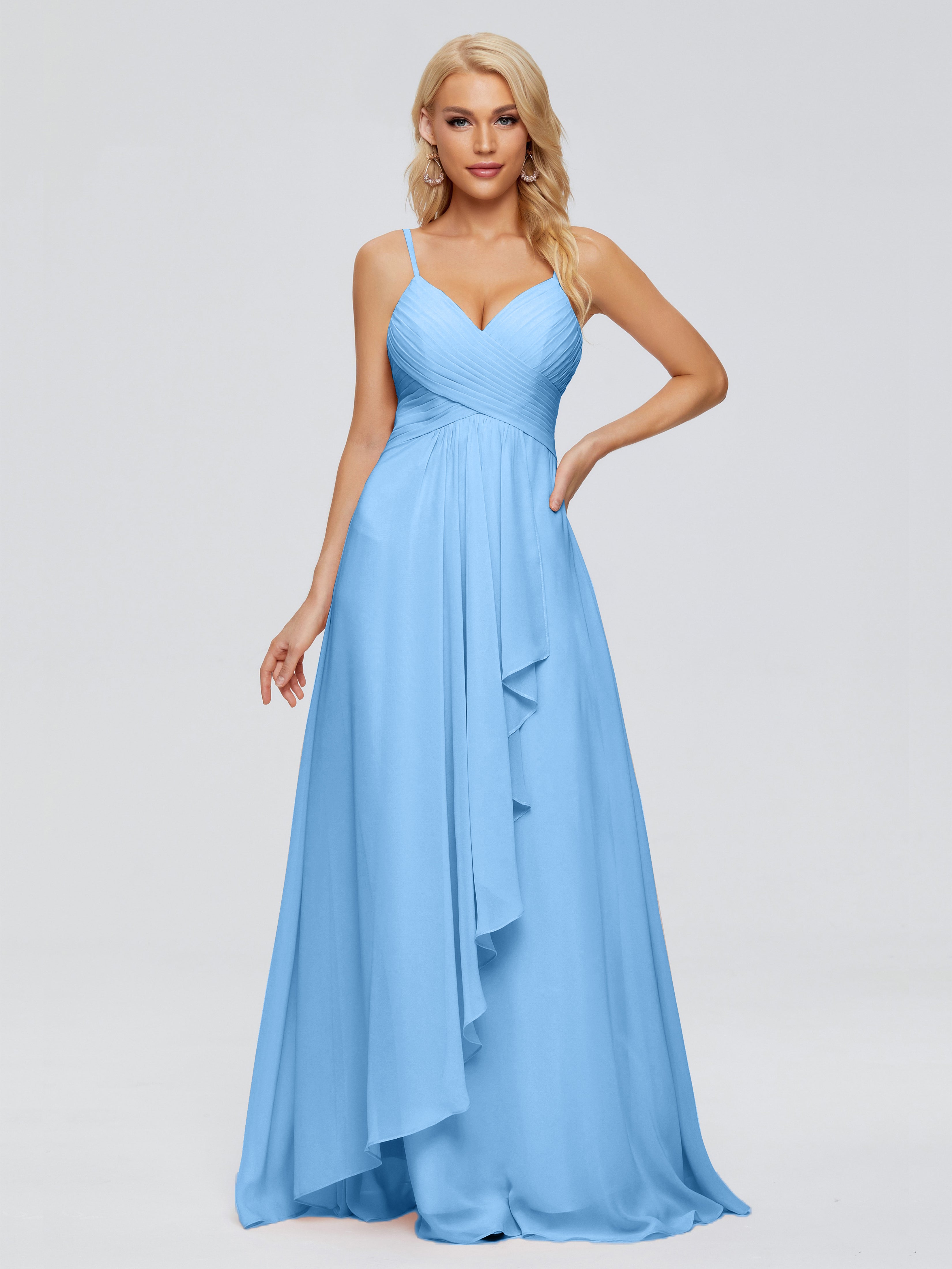 Robe Demoiselle D Honneur Bleue Trapèze Bretelles Spaghetti Mousseline Robes Demoiselle D'Honneur