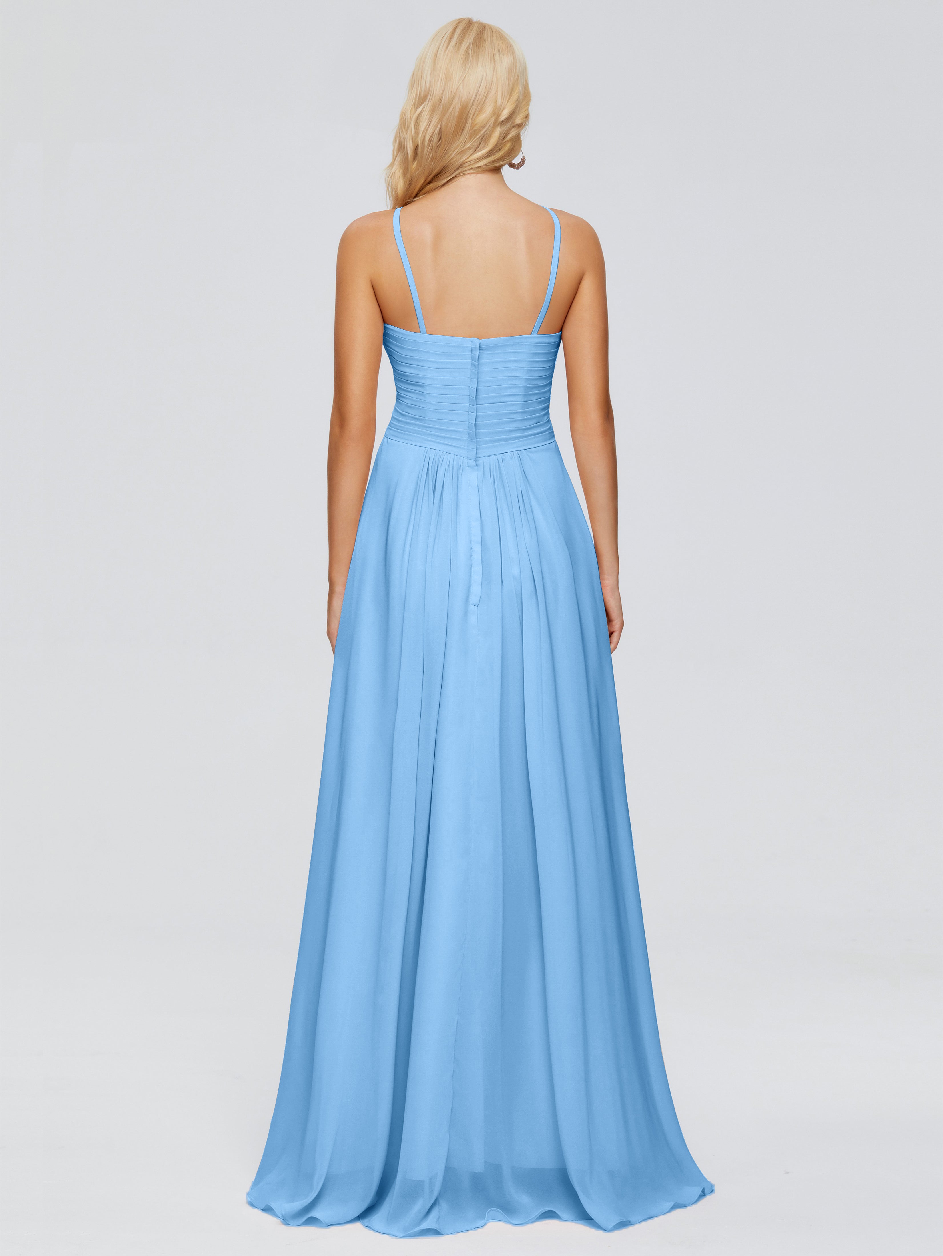 Robe Demoiselle D Honneur Bleue Trapèze Bretelles Spaghetti Mousseline Robes Demoiselle D'Honneur