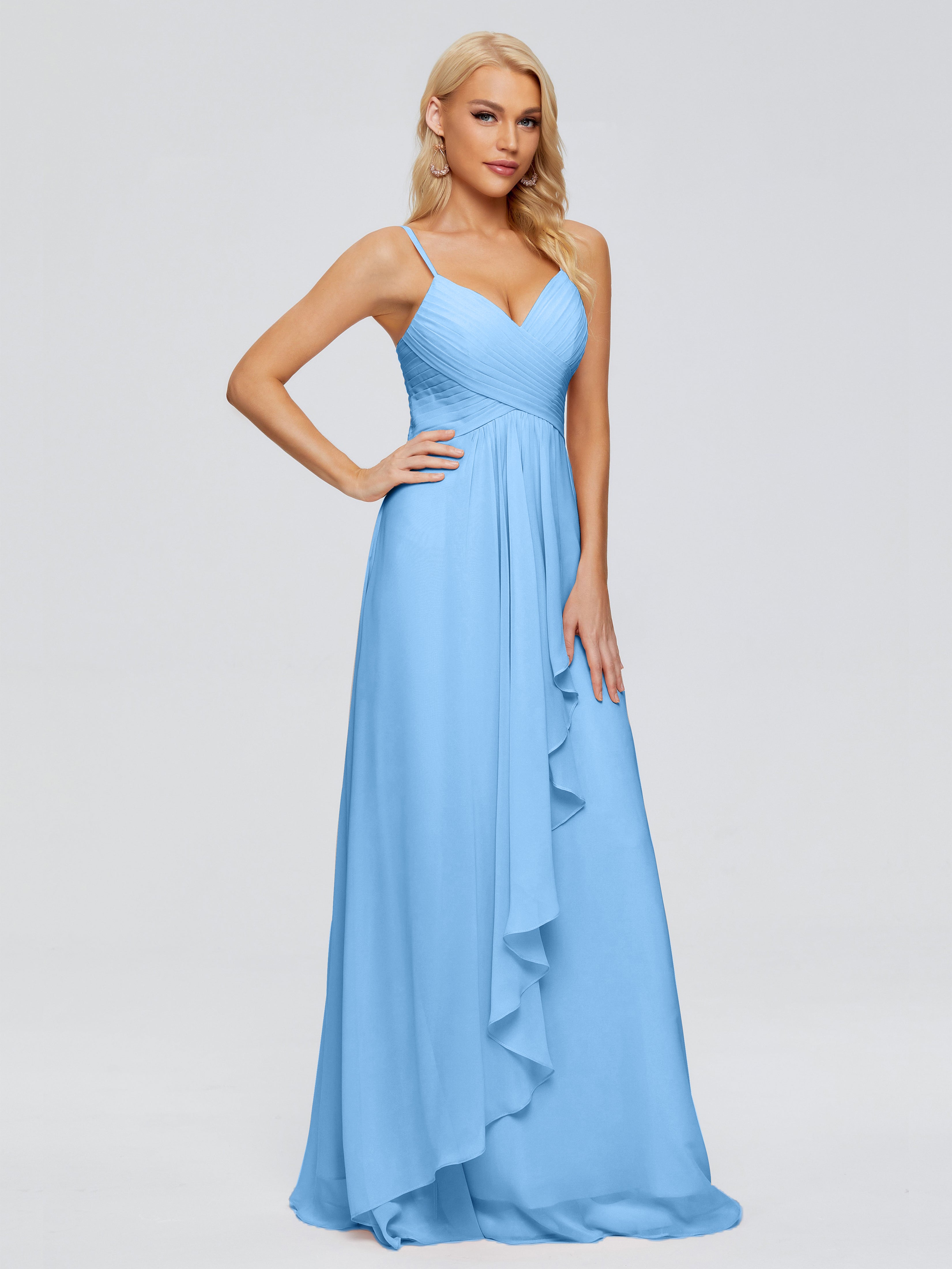 Robe Demoiselle D Honneur Bleue Trapèze Bretelles Spaghetti Mousseline Robes Demoiselle D'Honneur