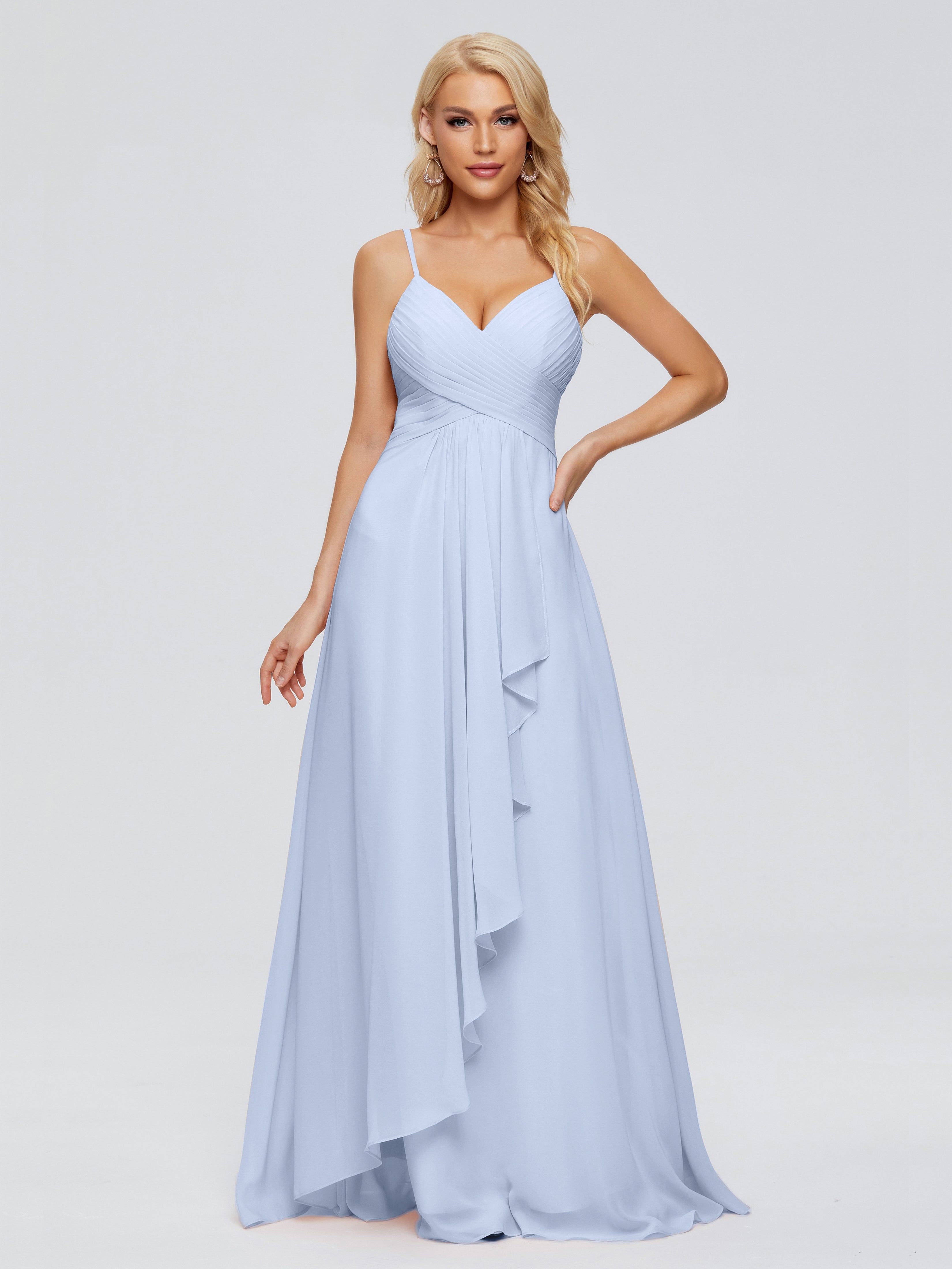 Demoiselle D Honneur Bleu Ciel Trapèze Bretelles Spaghetti Mousseline Robes Demoiselle D'Honneur