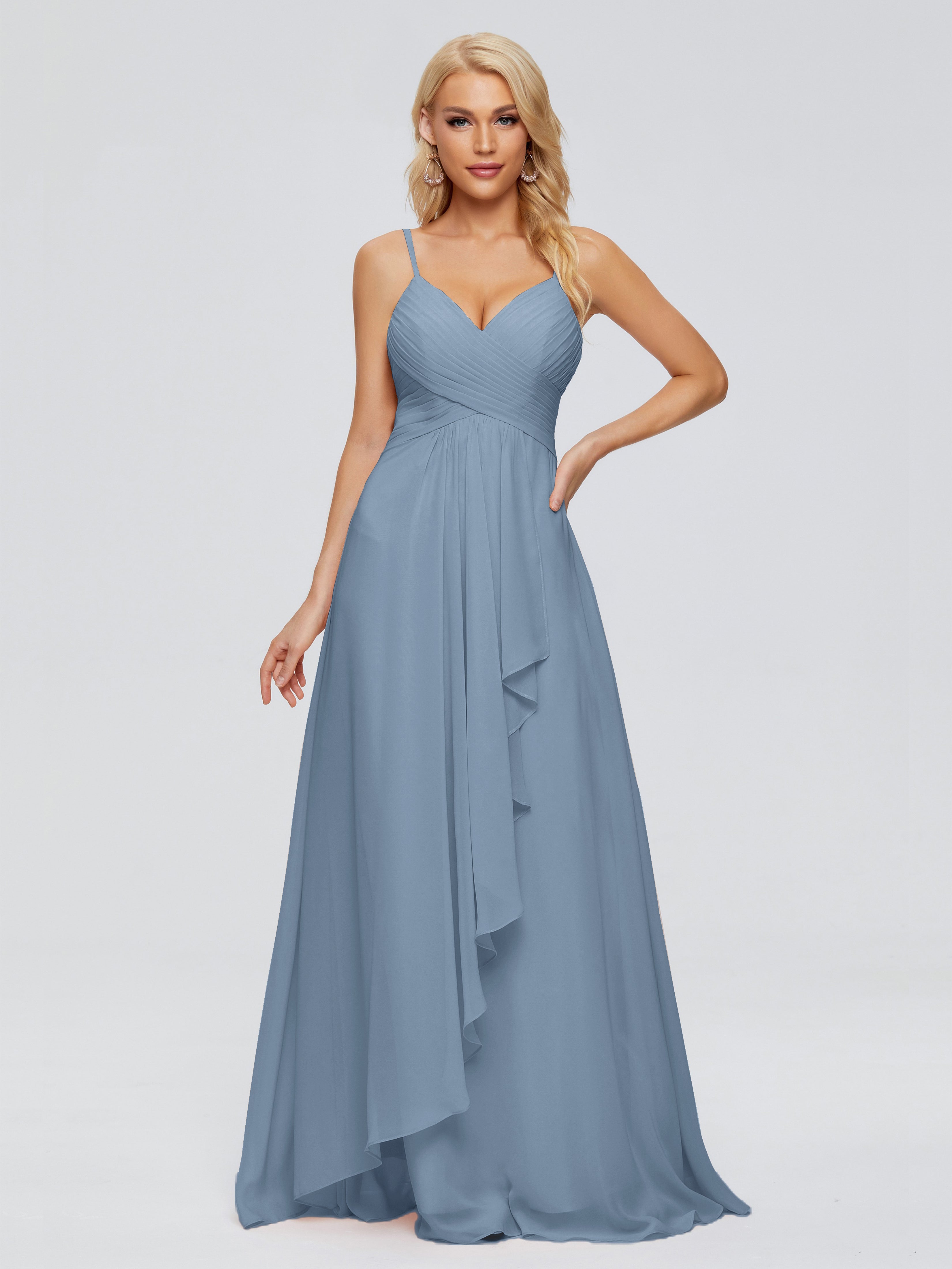 Robes De Demoiselle D'Honneur Bleu De Schiste Trapèze Bretelles Spaghetti Mousseline Robes Demoiselle D'Honneur