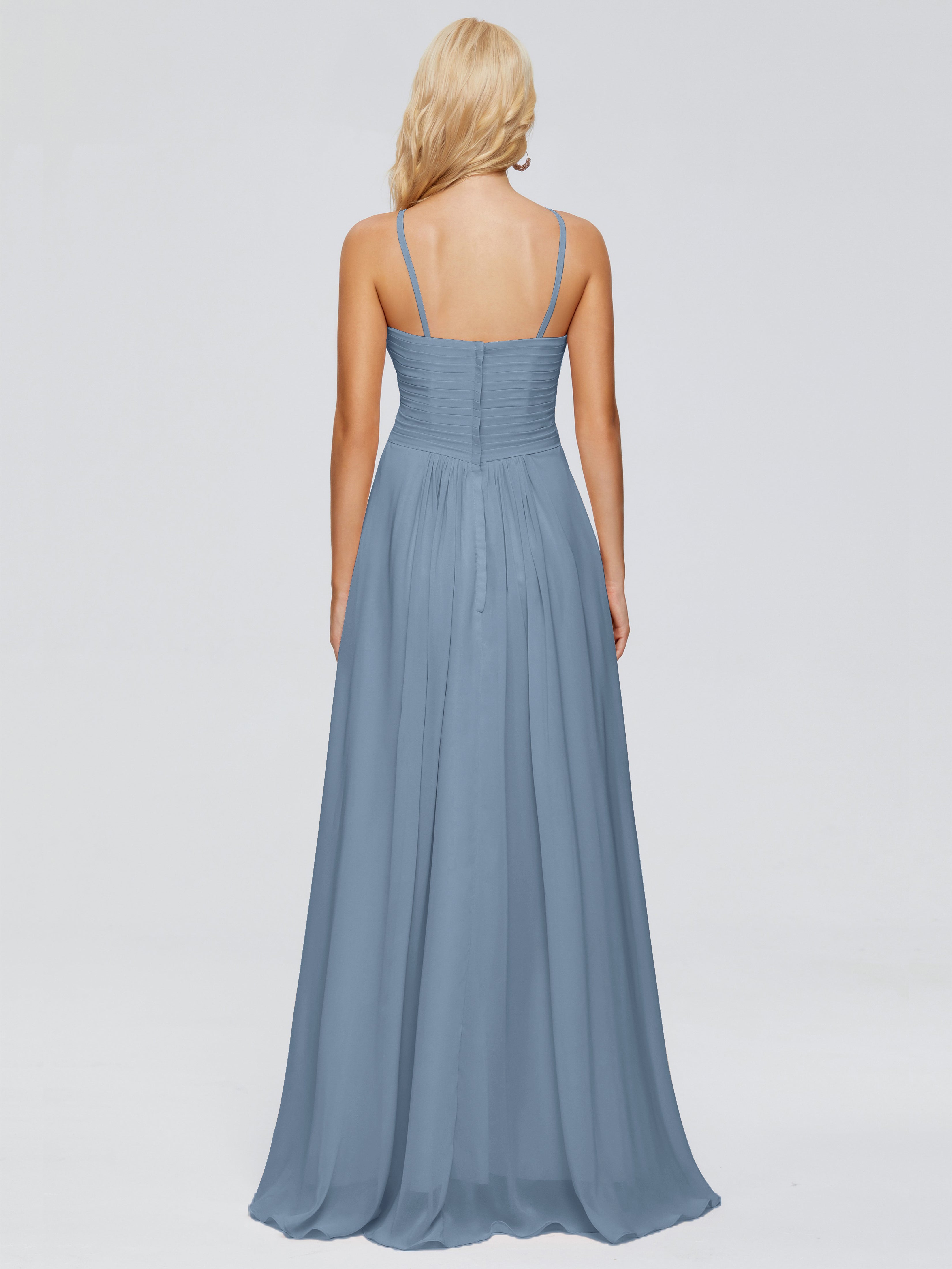 Robes De Demoiselle D'Honneur Bleu De Schiste Trapèze Bretelles Spaghetti Mousseline Robes Demoiselle D'Honneur