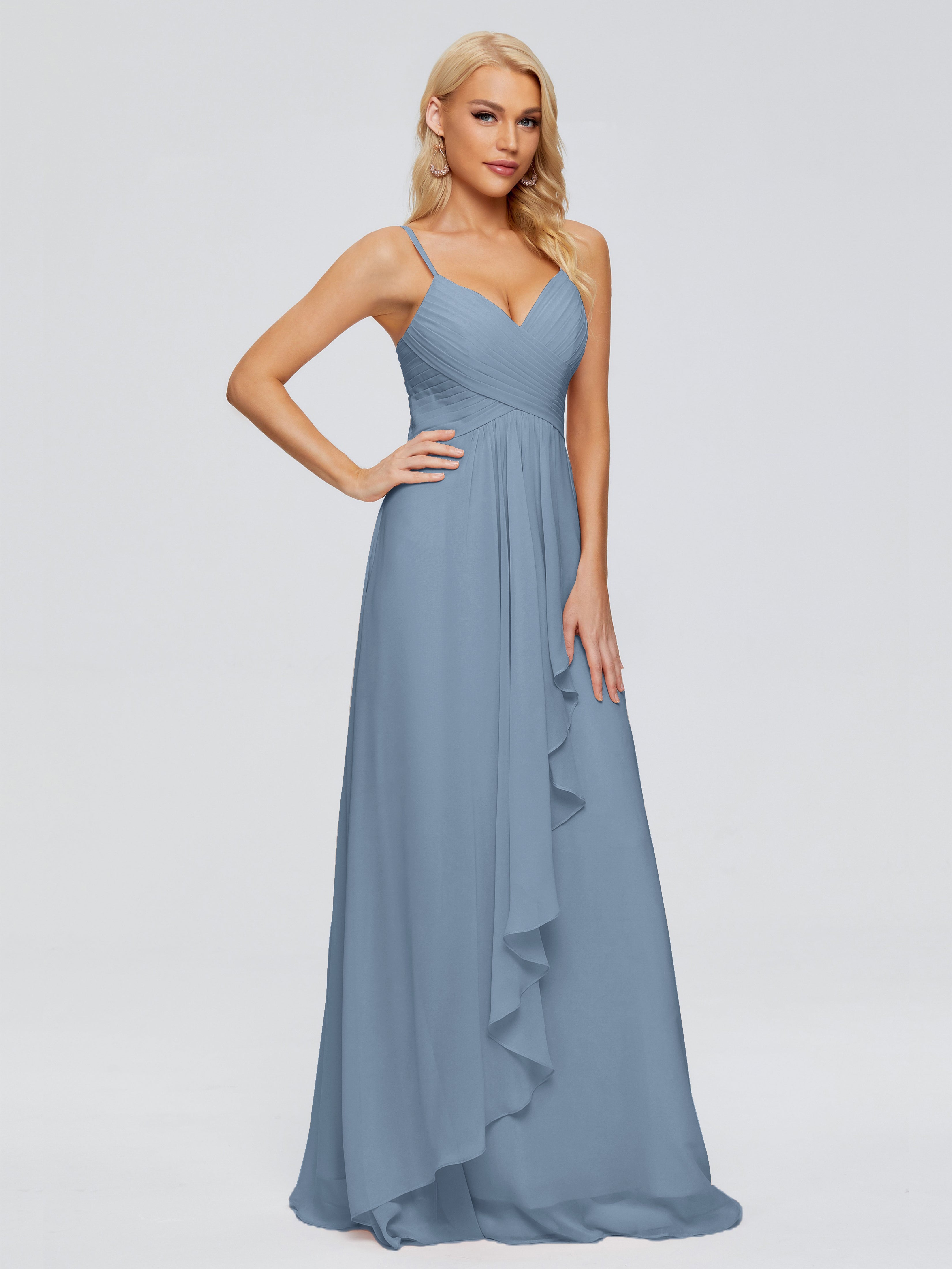Robes De Demoiselle D'Honneur Bleu De Schiste Trapèze Bretelles Spaghetti Mousseline Robes Demoiselle D'Honneur
