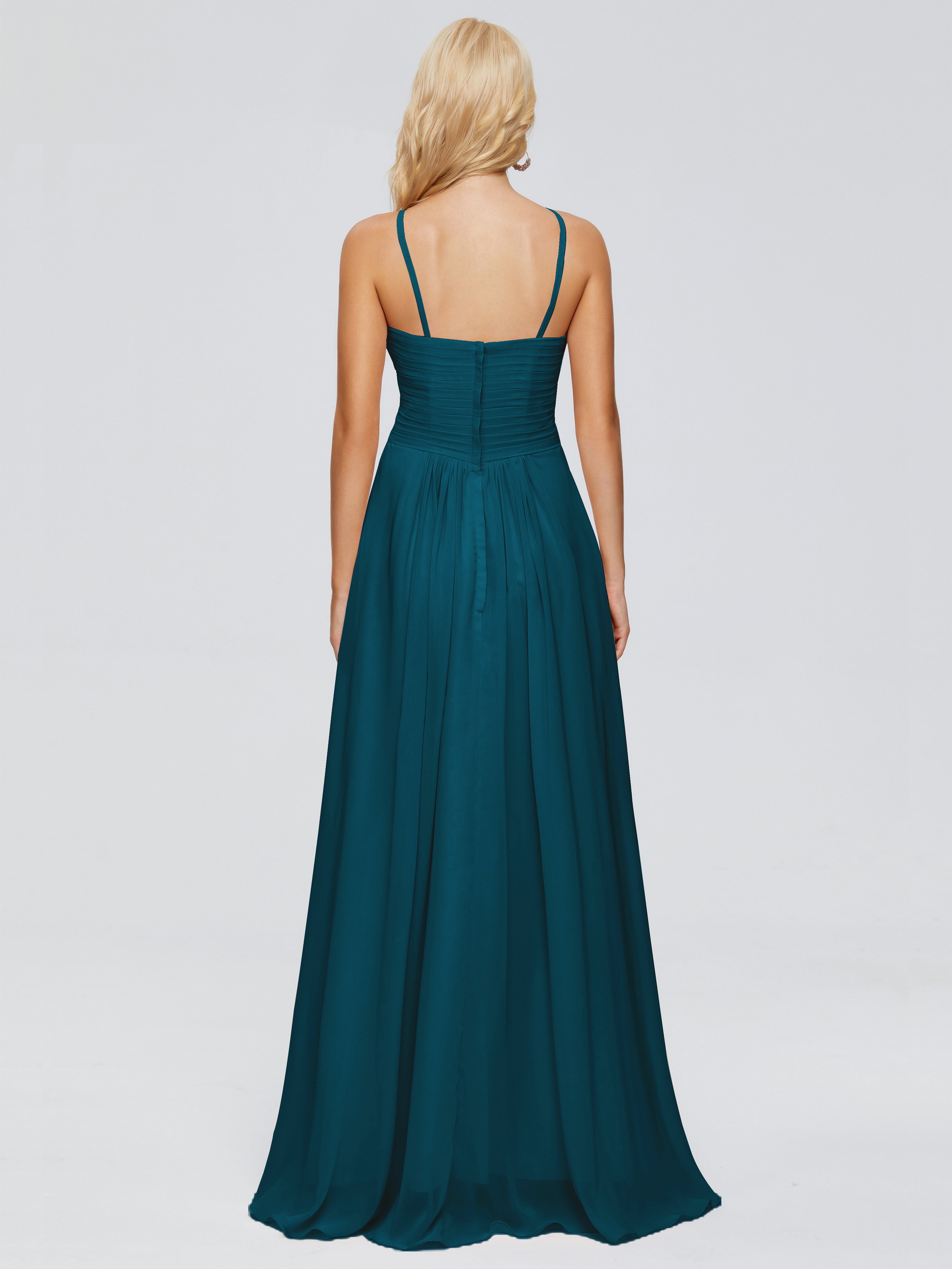 Robe De Demoiselle D'Honneur Bleu Encre Trapèze Bretelles Spaghetti Mousseline Robes Demoiselle D'Honneur