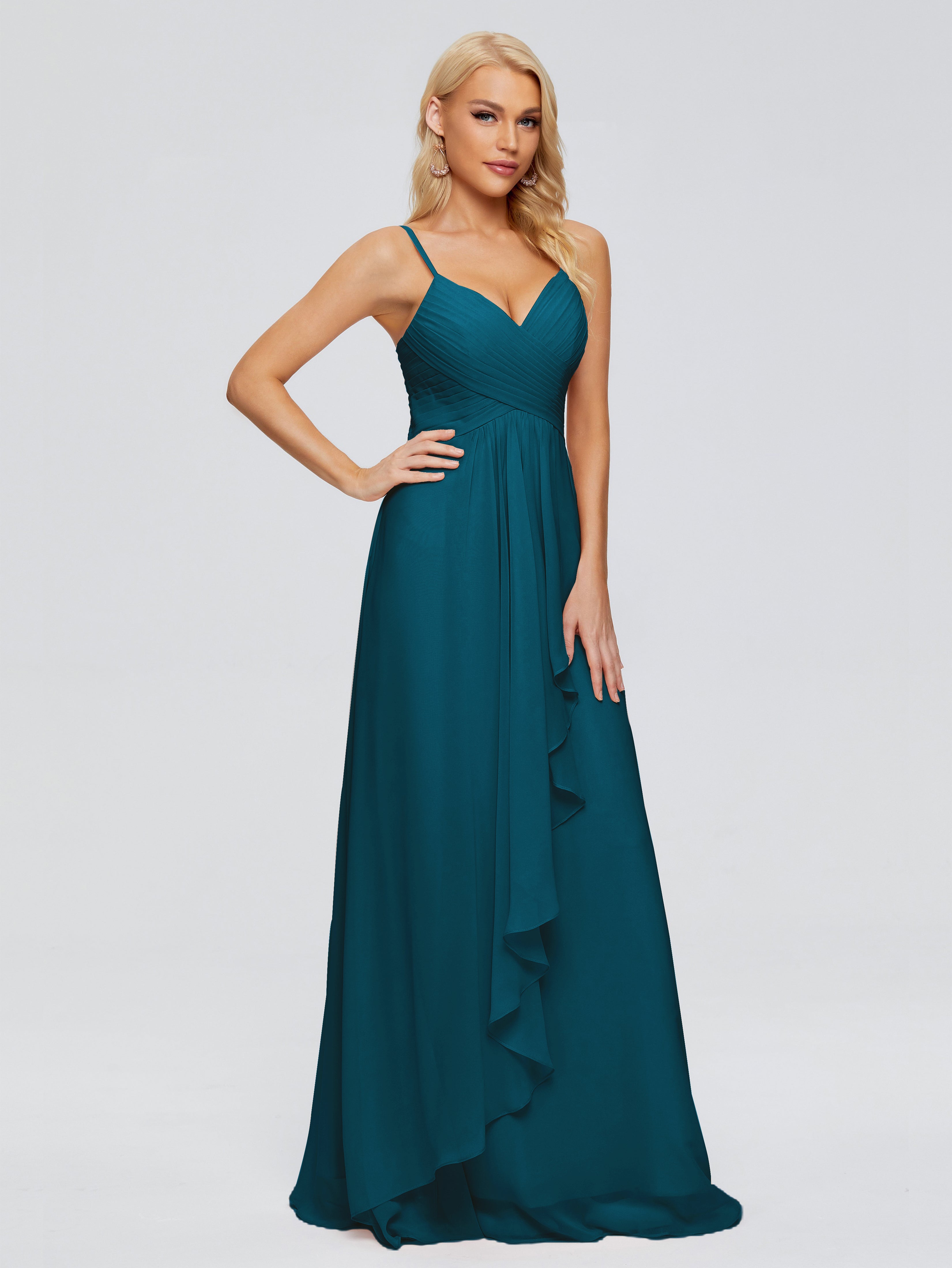 Robe De Demoiselle D'Honneur Bleu Encre Trapèze Bretelles Spaghetti Mousseline Robes Demoiselle D'Honneur