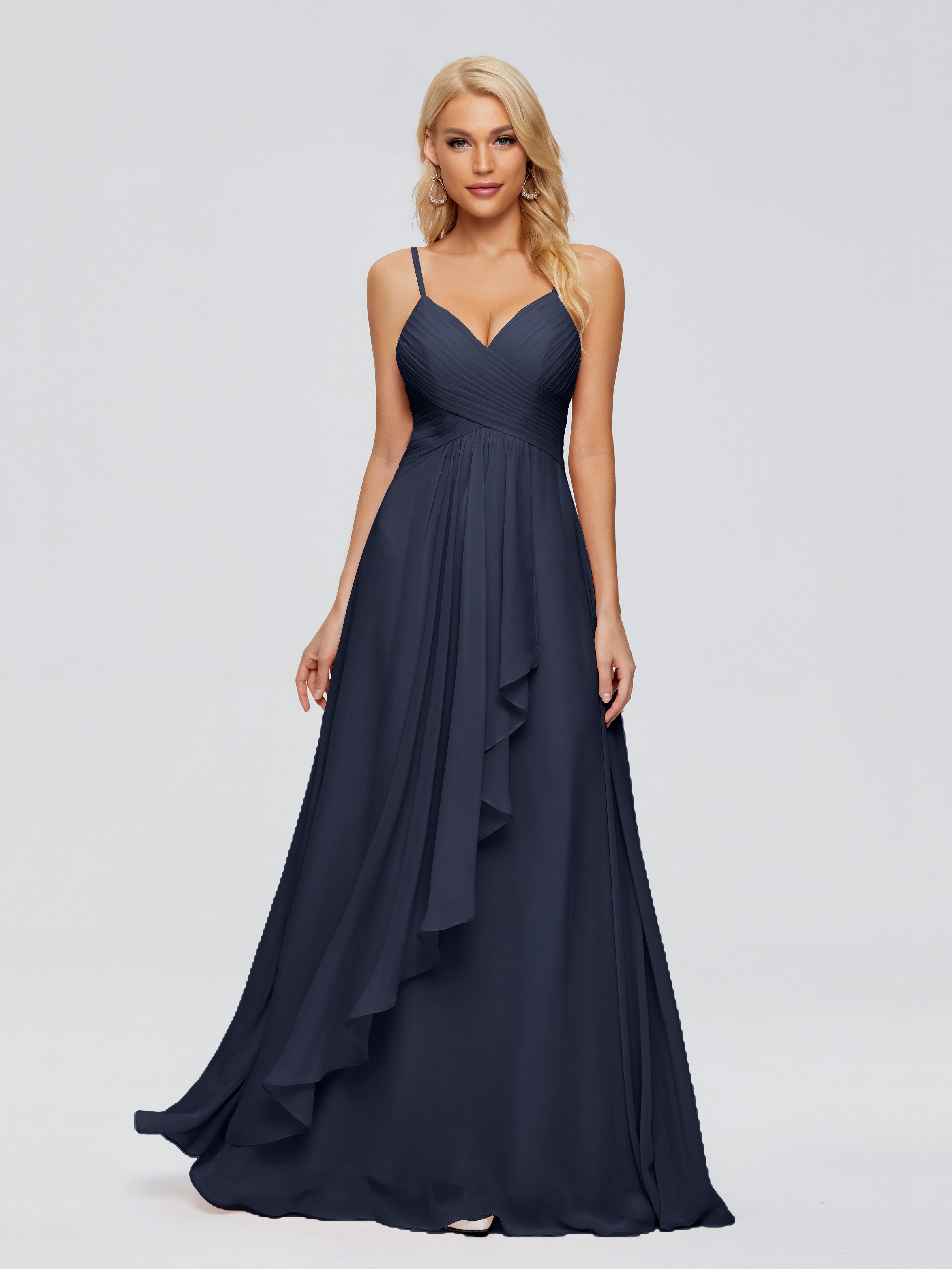 Demoiselle D'Honneur Bleu Marine Trapèze Bretelles Spaghetti Mousseline Robes Demoiselle D'Honneur