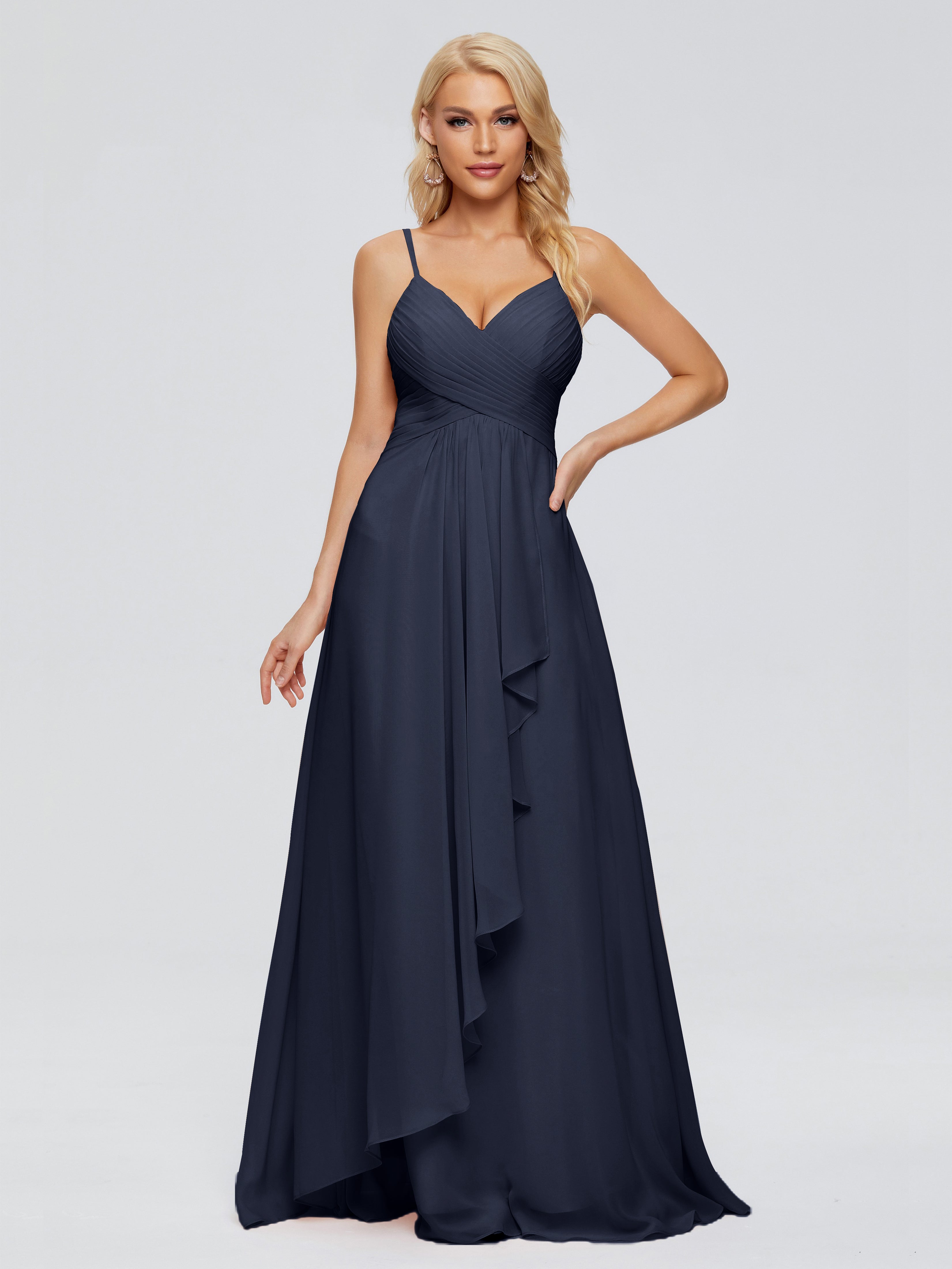 Demoiselle D'Honneur Bleu Marine Trapèze Bretelles Spaghetti Mousseline Robes Demoiselle D'Honneur