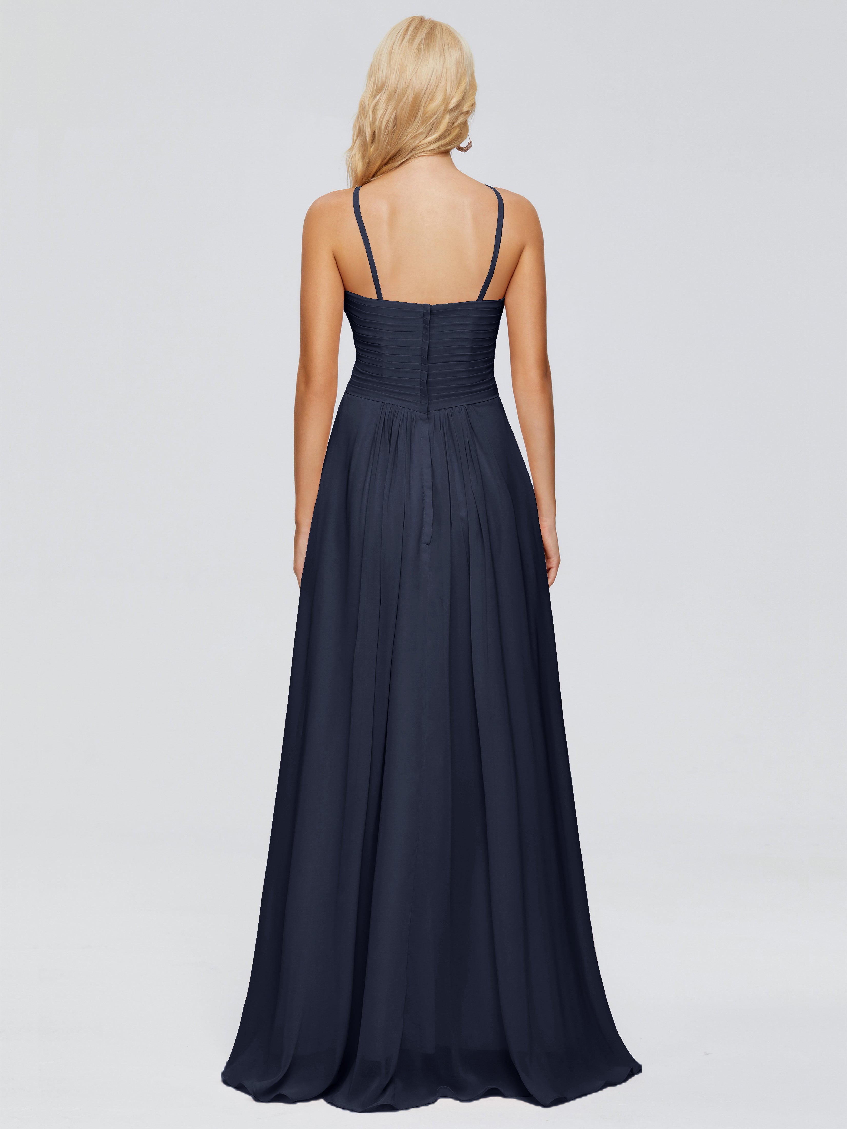 Demoiselle D'Honneur Bleu Marine Trapèze Bretelles Spaghetti Mousseline Robes Demoiselle D'Honneur