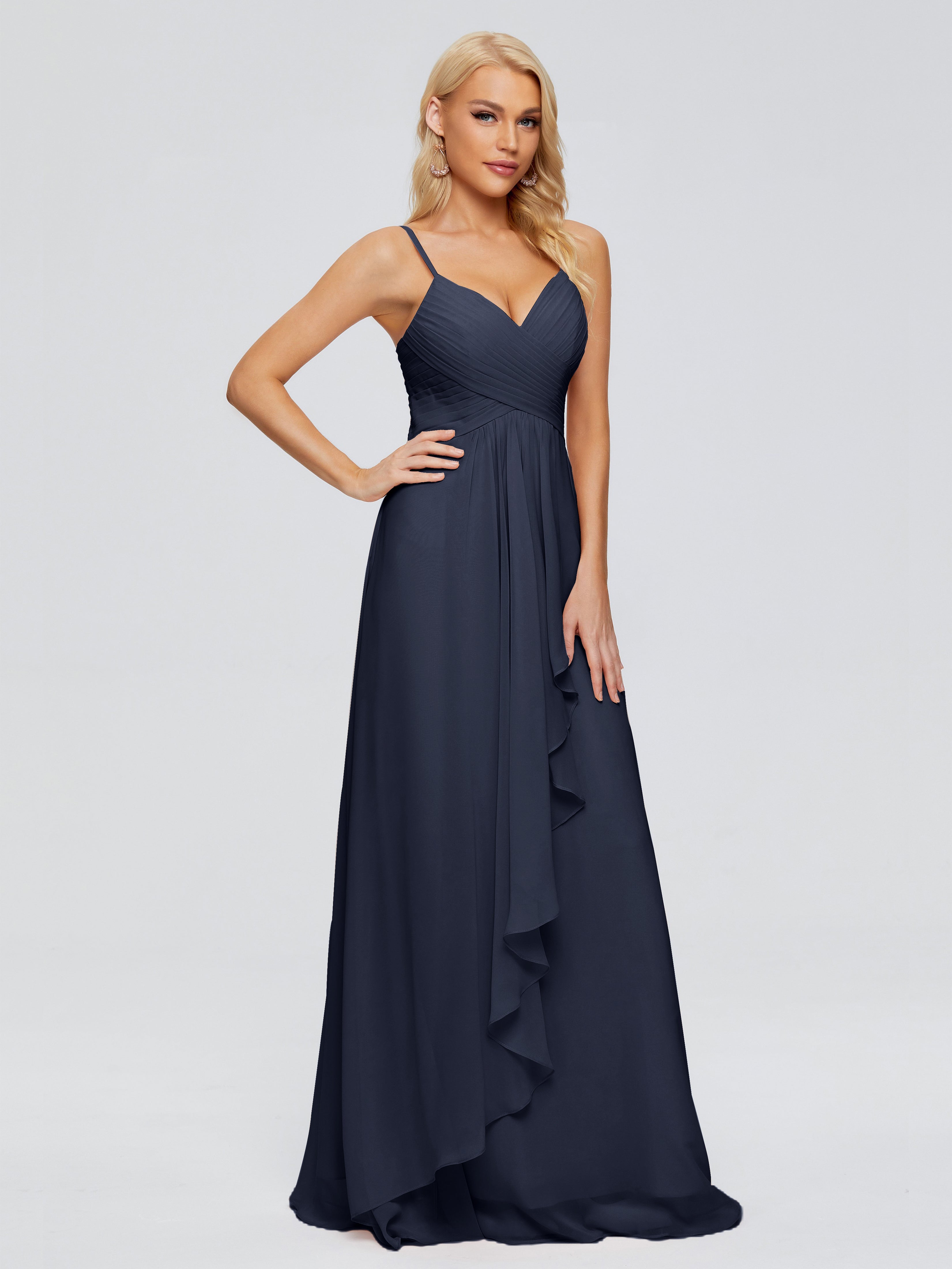 Demoiselle D'Honneur Bleu Marine Trapèze Bretelles Spaghetti Mousseline Robes Demoiselle D'Honneur