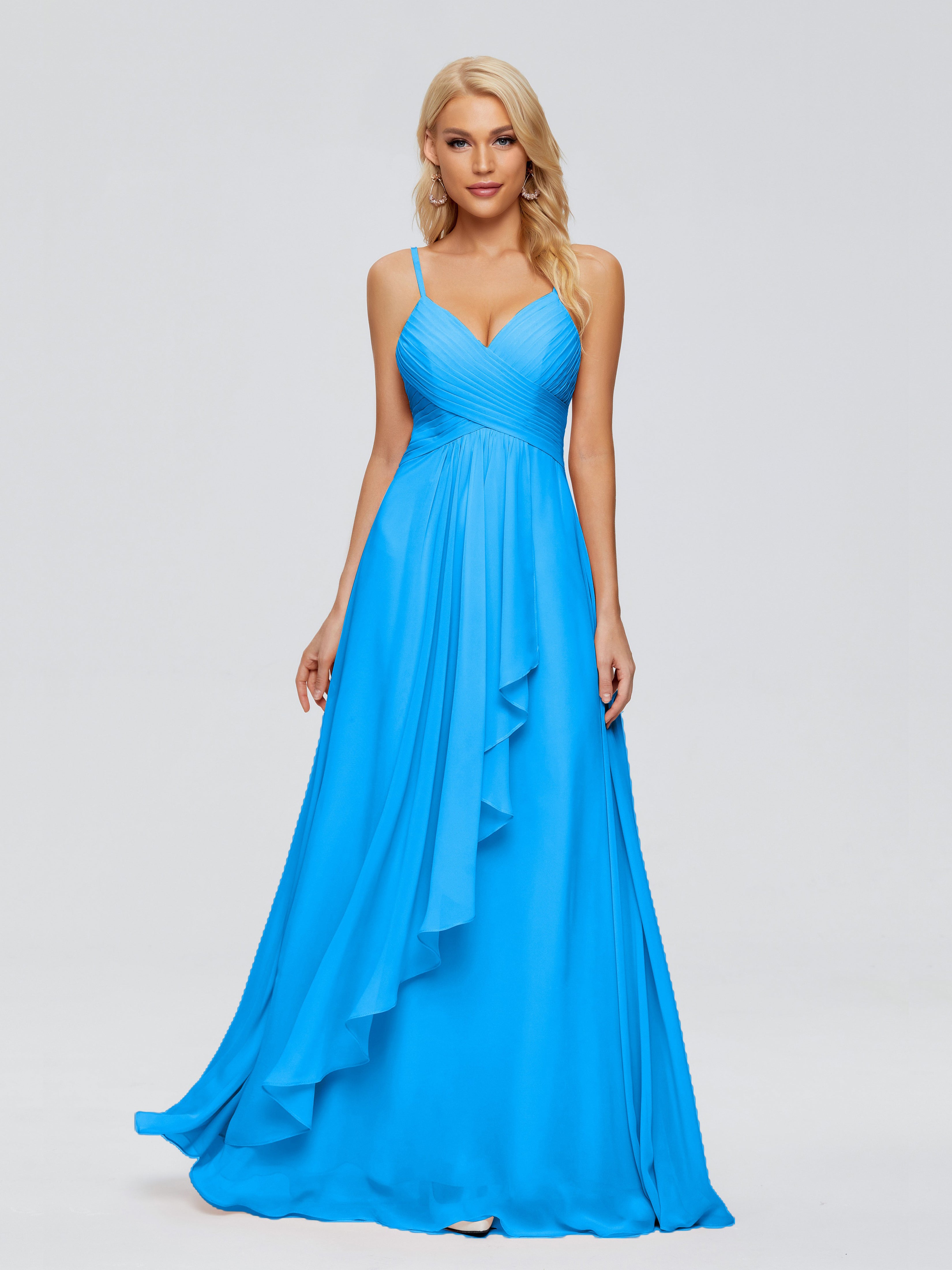 Robes De Demoiselle D'Honneur Bleu Océan Trapèze Bretelles Spaghetti Mousseline Robes Demoiselle D'Honneur