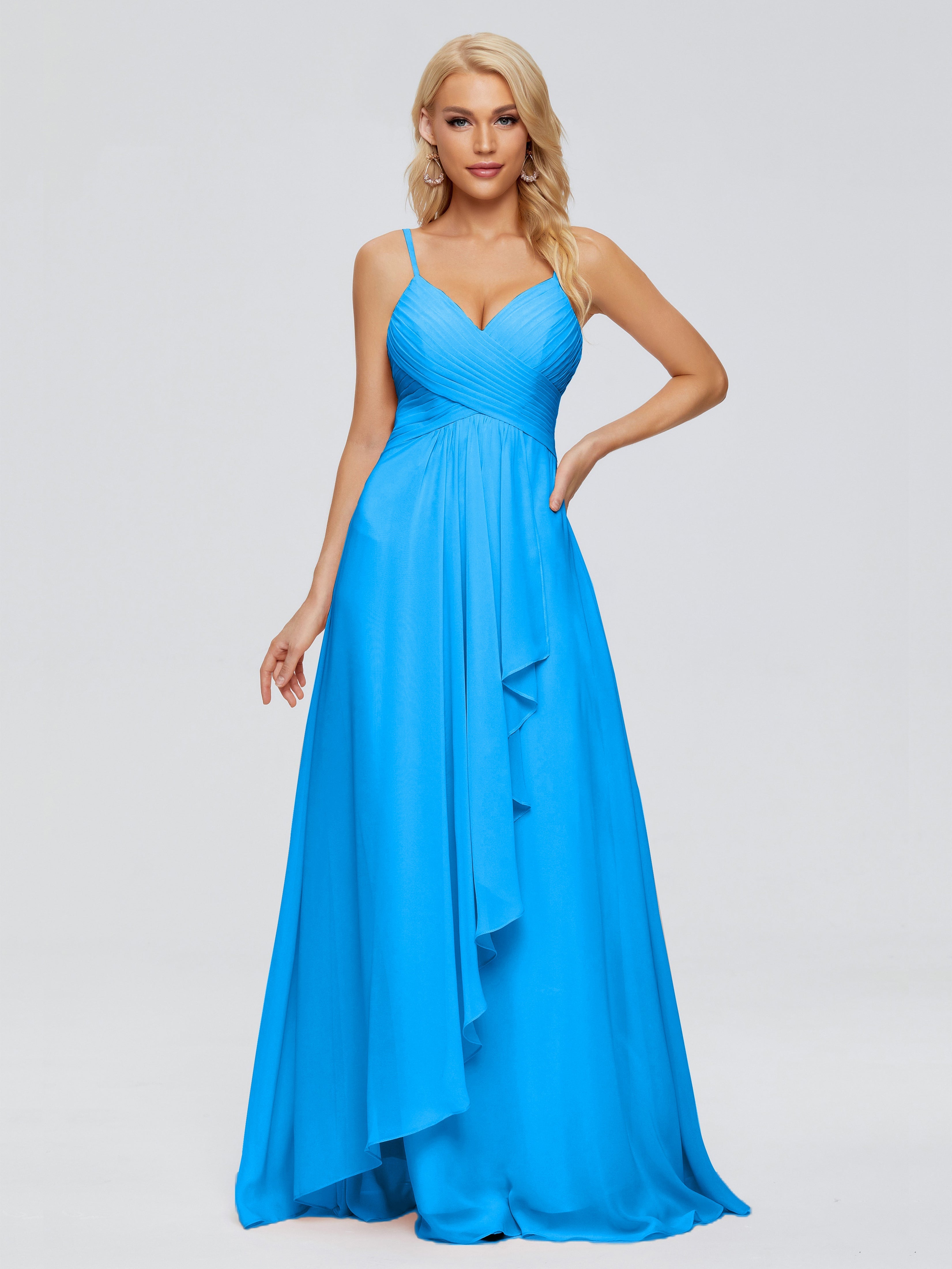 Robes De Demoiselle D'Honneur Bleu Océan Trapèze Bretelles Spaghetti Mousseline Robes Demoiselle D'Honneur