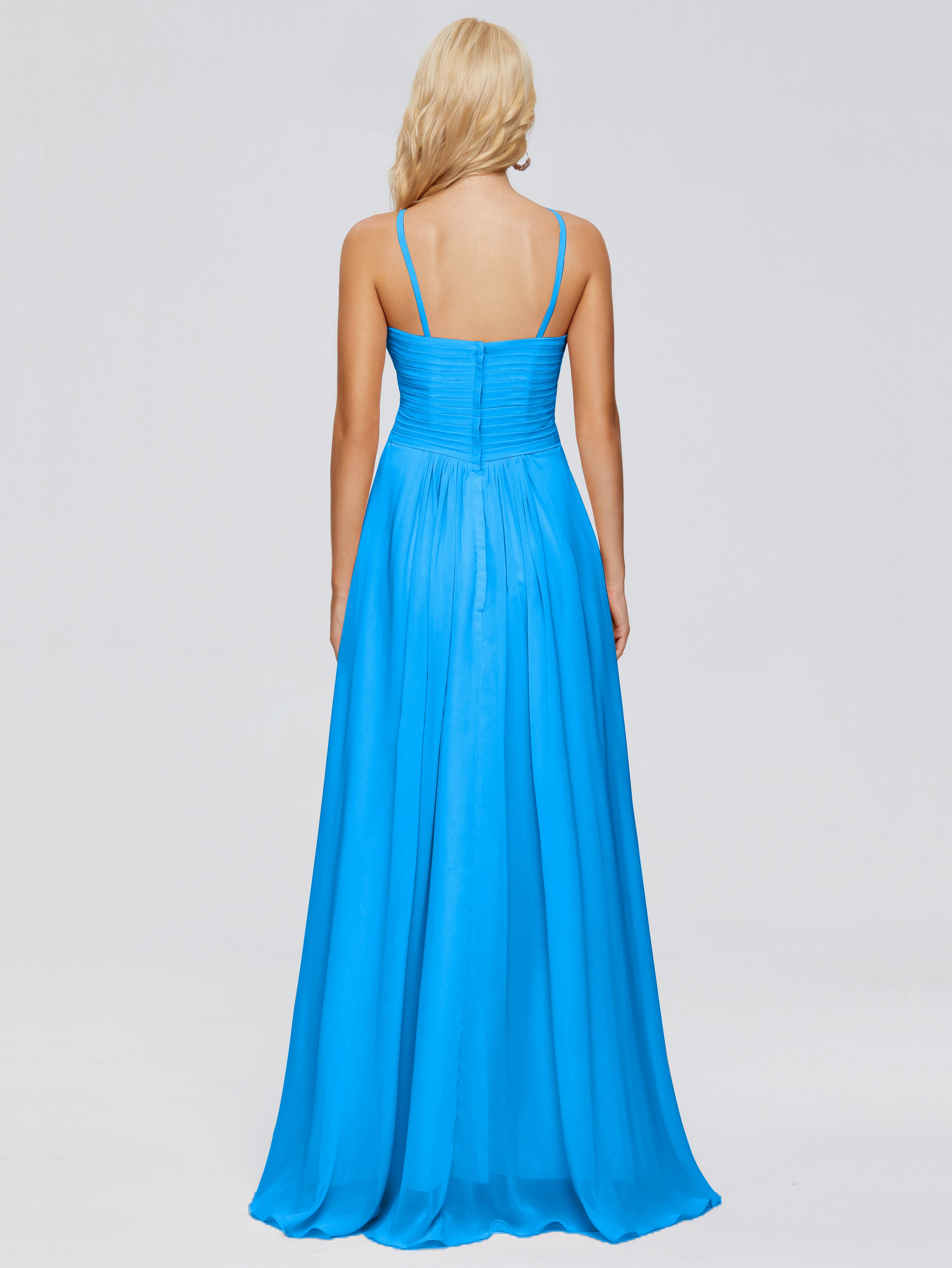 Robes De Demoiselle D'Honneur Bleu Océan Trapèze Bretelles Spaghetti Mousseline Robes Demoiselle D'Honneur