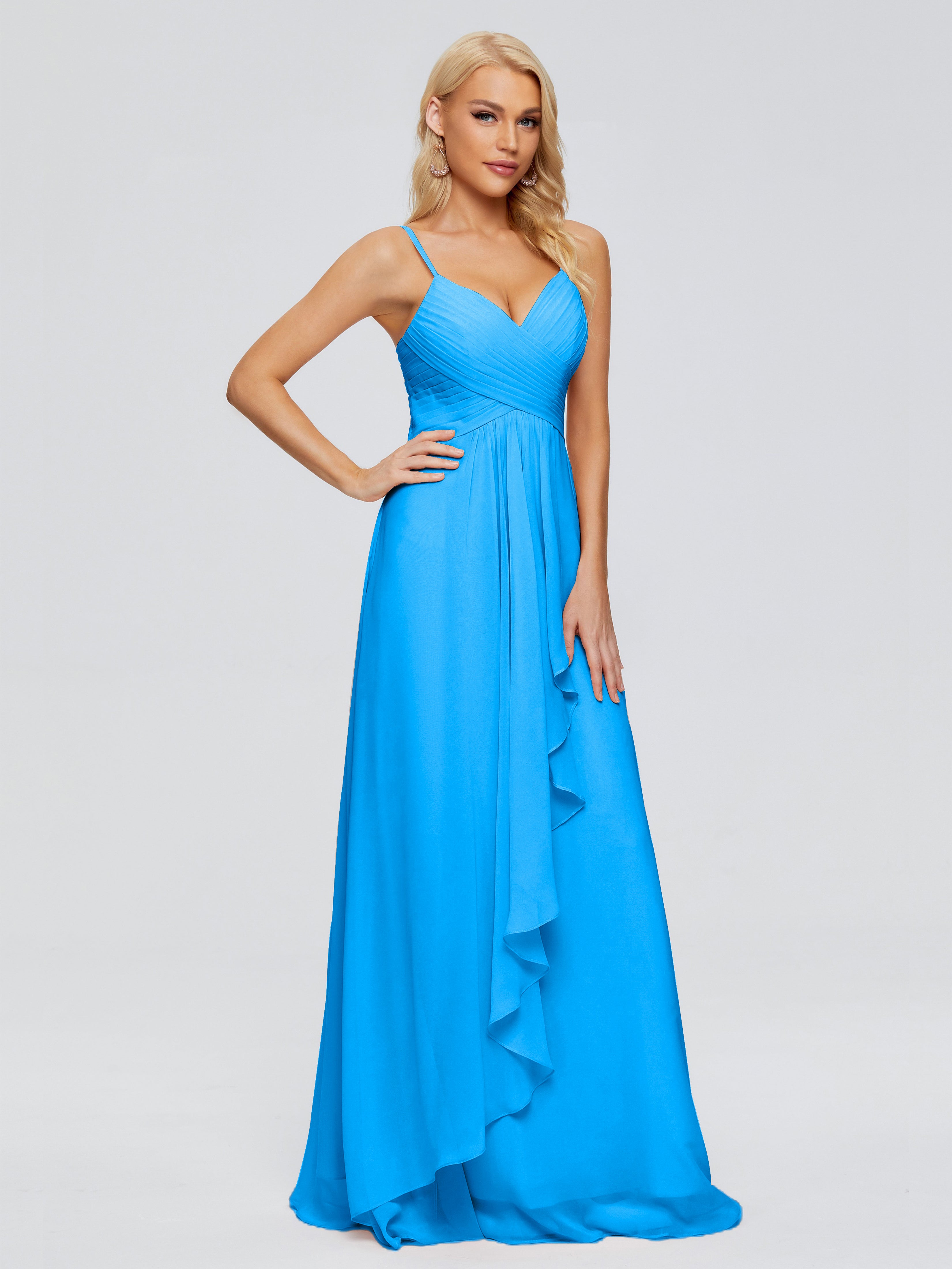 Robes De Demoiselle D'Honneur Bleu Océan Trapèze Bretelles Spaghetti Mousseline Robes Demoiselle D'Honneur