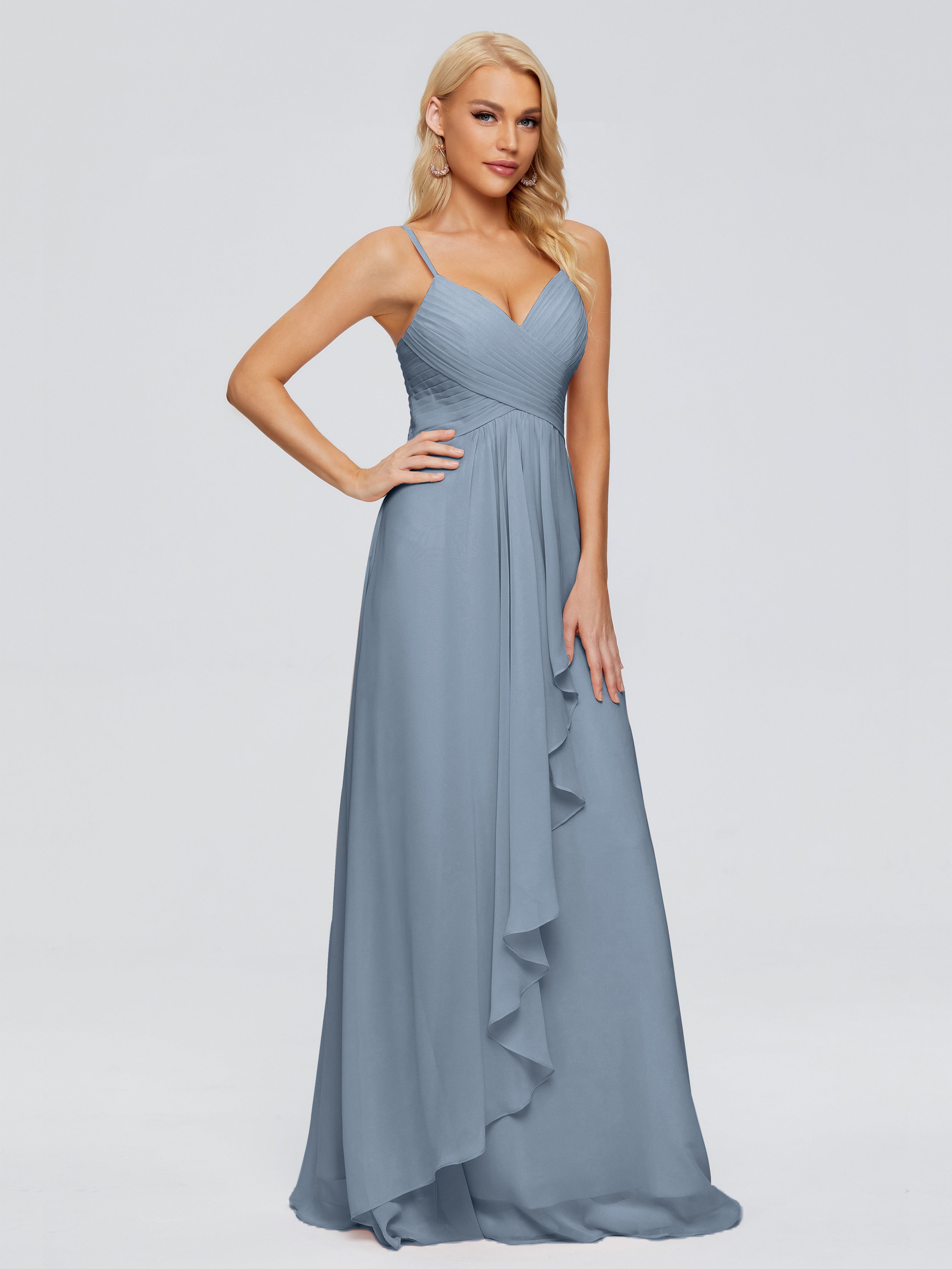 Robes De Demoiselle D'Honneur Bleu Poussiéreux Trapèze Bretelles Spaghetti Mousseline Robes Demoiselle D'Honneur