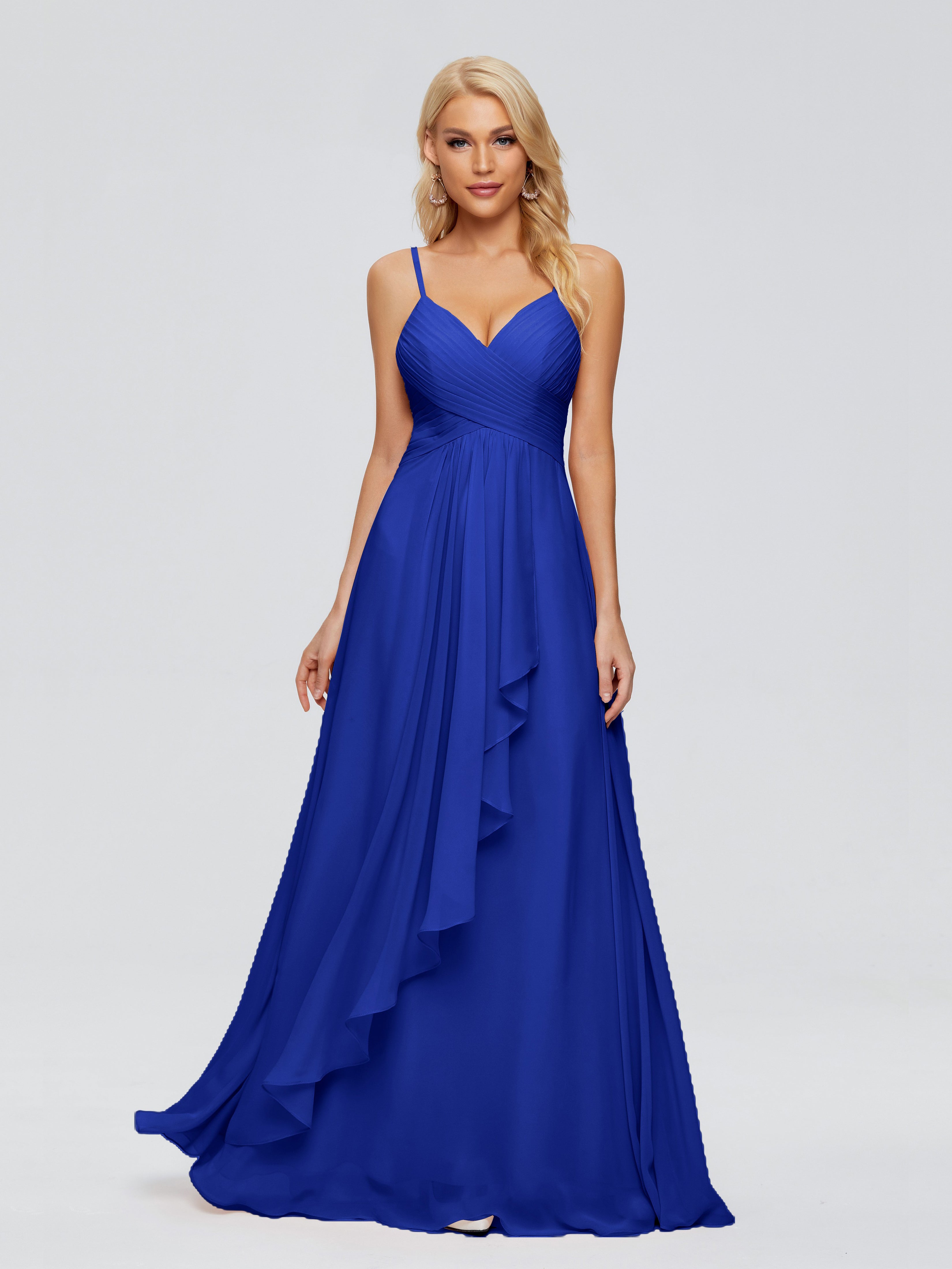Robe Demoiselle D Honneur Bleu Roi Trapèze Bretelles Spaghetti Mousseline Robes Demoiselle D'Honneur