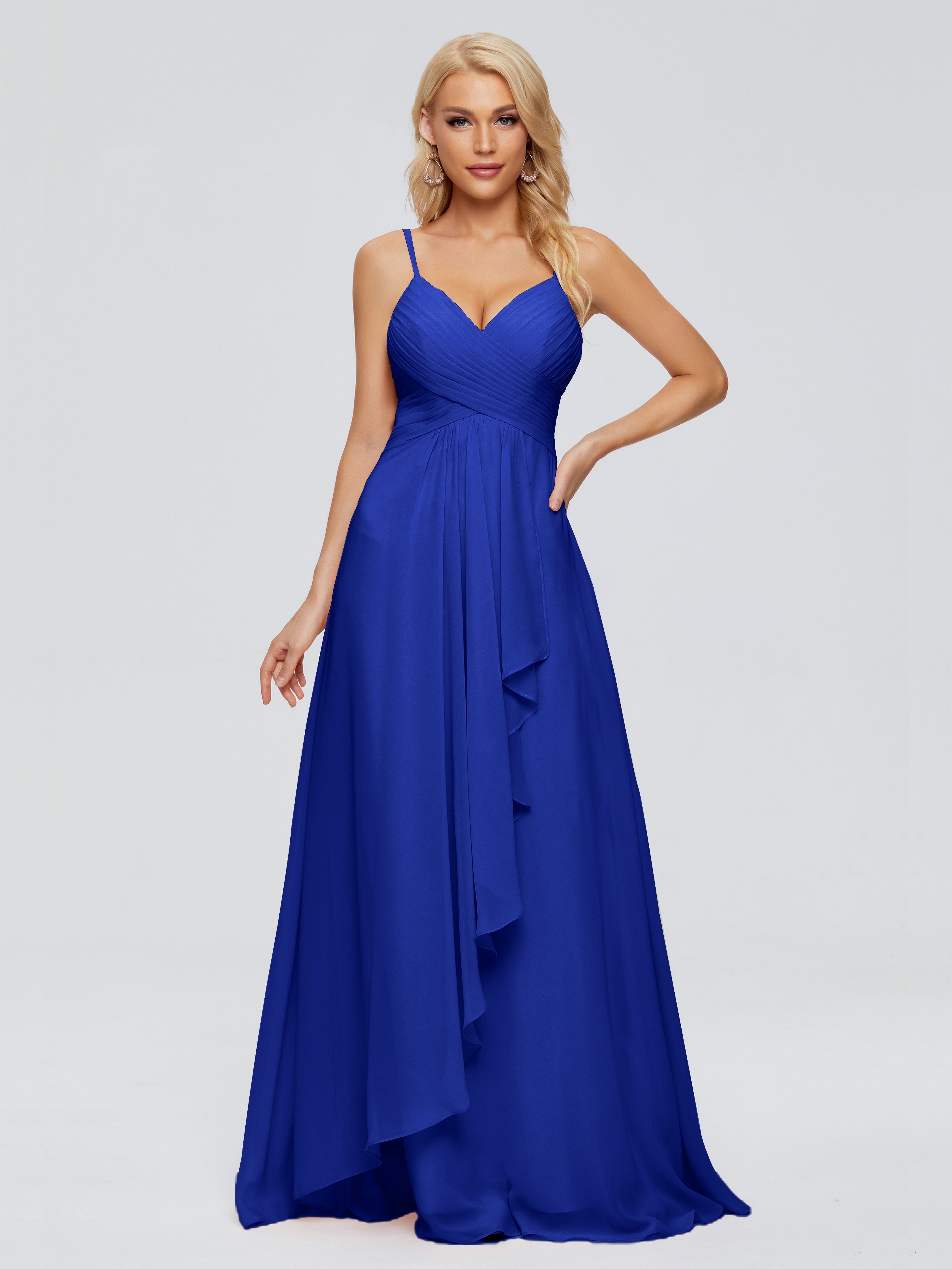 Robe Demoiselle D Honneur Bleu Roi Trapèze Bretelles Spaghetti Mousseline Robes Demoiselle D'Honneur