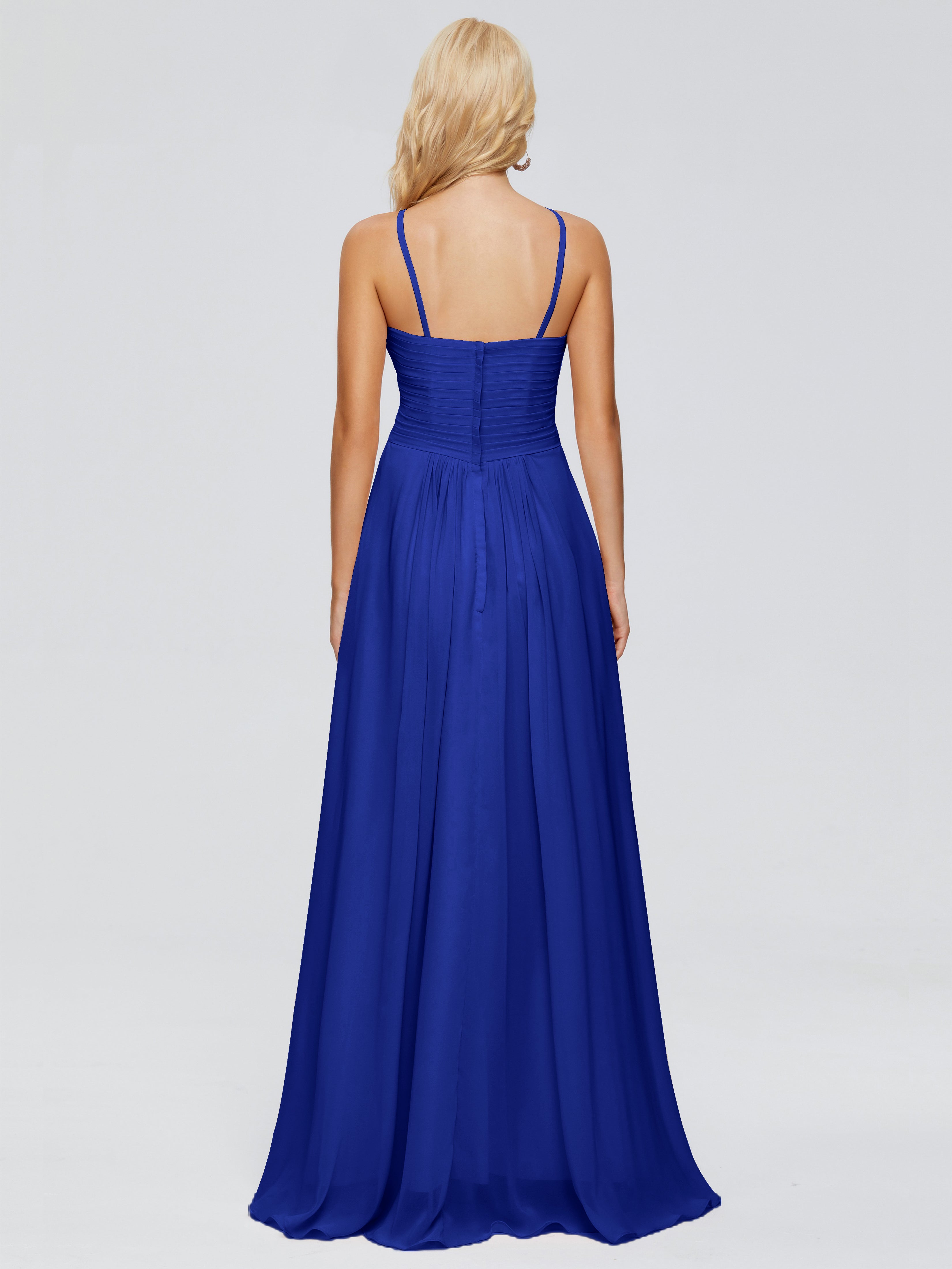 Robe Demoiselle D Honneur Bleu Roi Trapèze Bretelles Spaghetti Mousseline Robes Demoiselle D'Honneur