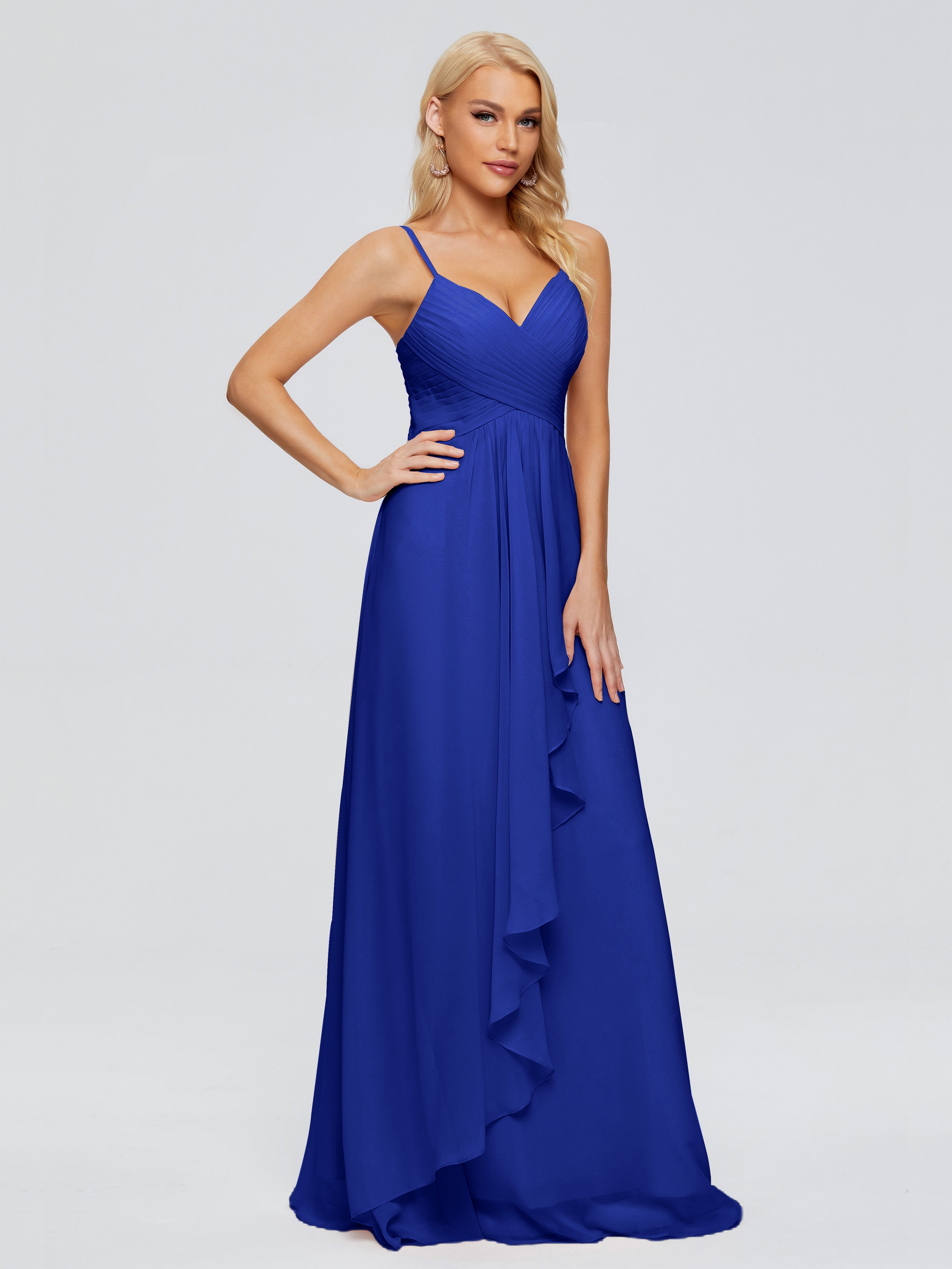 Robe Demoiselle D Honneur Bleu Roi Trapèze Bretelles Spaghetti Mousseline Robes Demoiselle D'Honneur