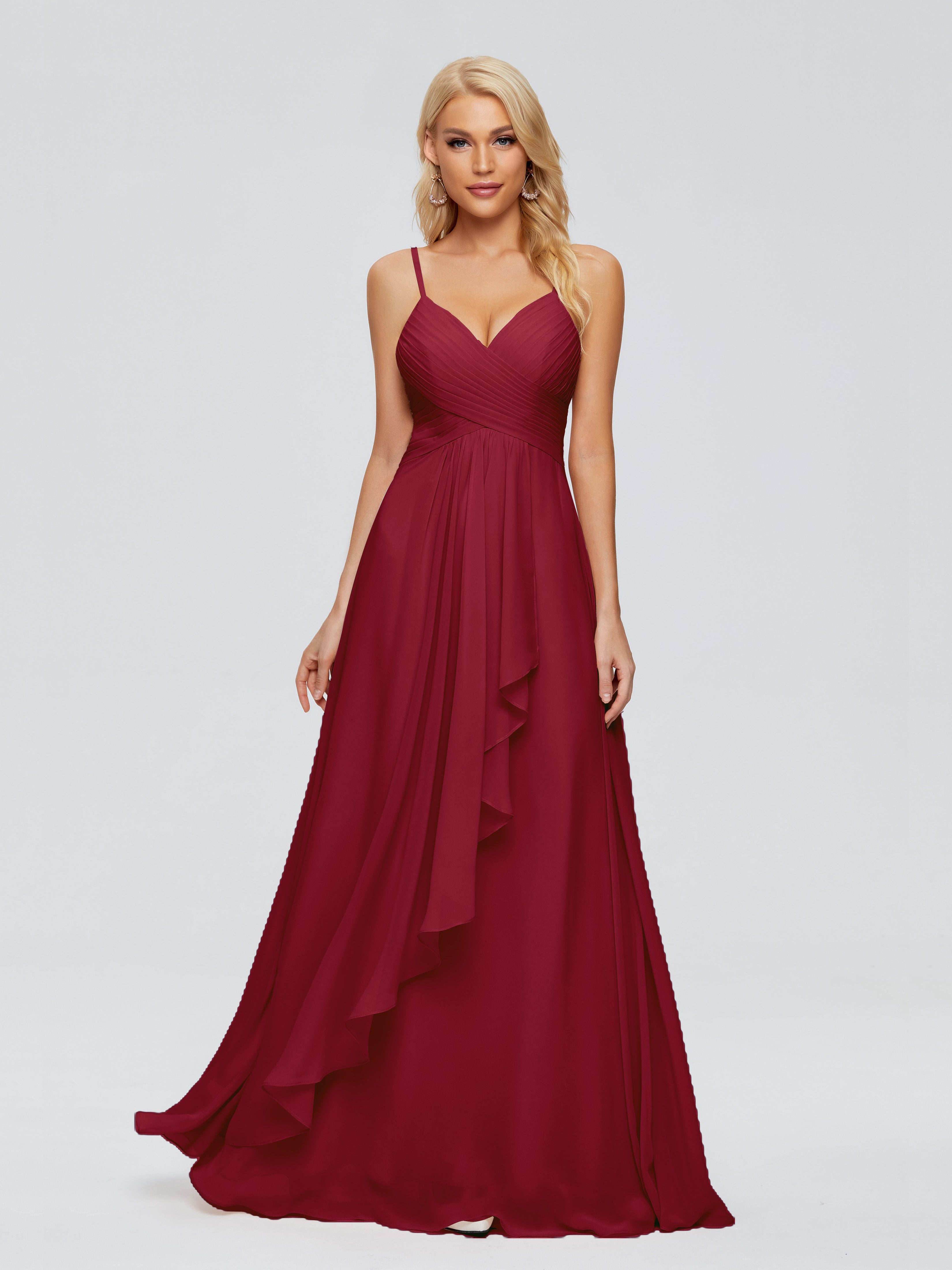 Robes De Demoiselle D'Honneur Rouge Bordeaux Trapèze Bretelles Spaghetti Mousseline Robes Demoiselle D'Honneur