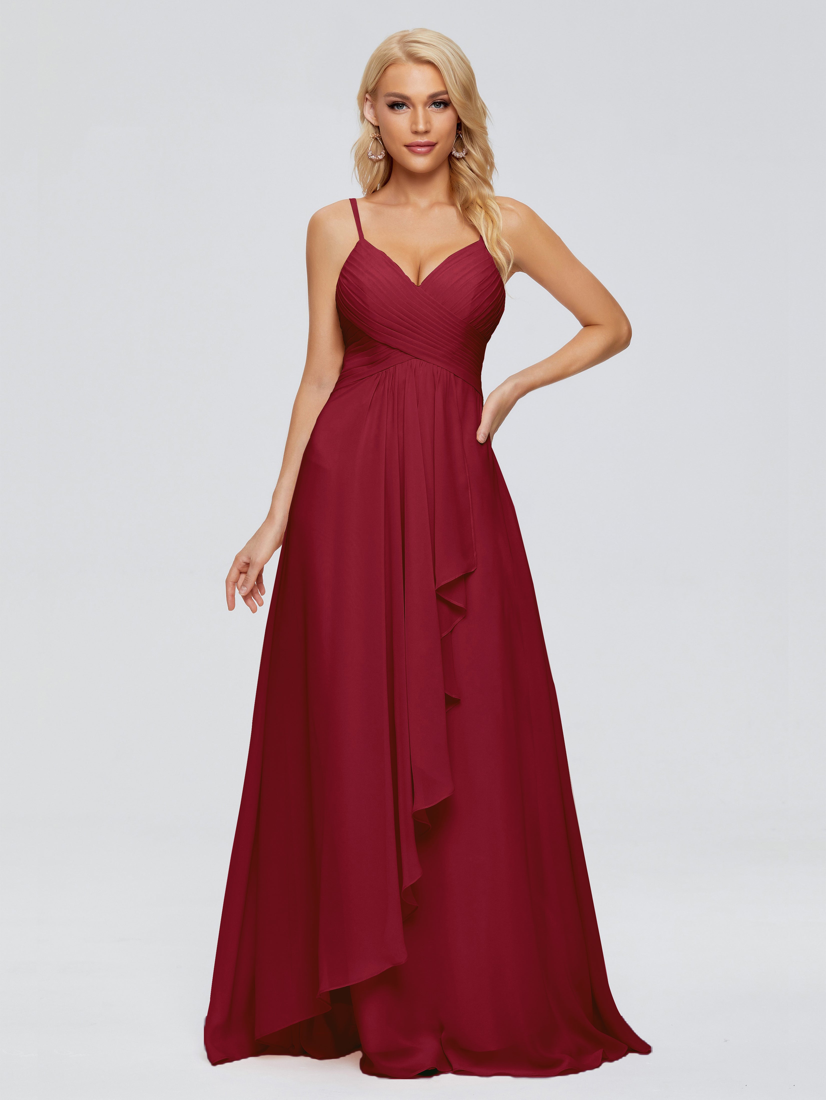 Robes De Demoiselle D'Honneur Rouge Bordeaux Trapèze Bretelles Spaghetti Mousseline Robes Demoiselle D'Honneur