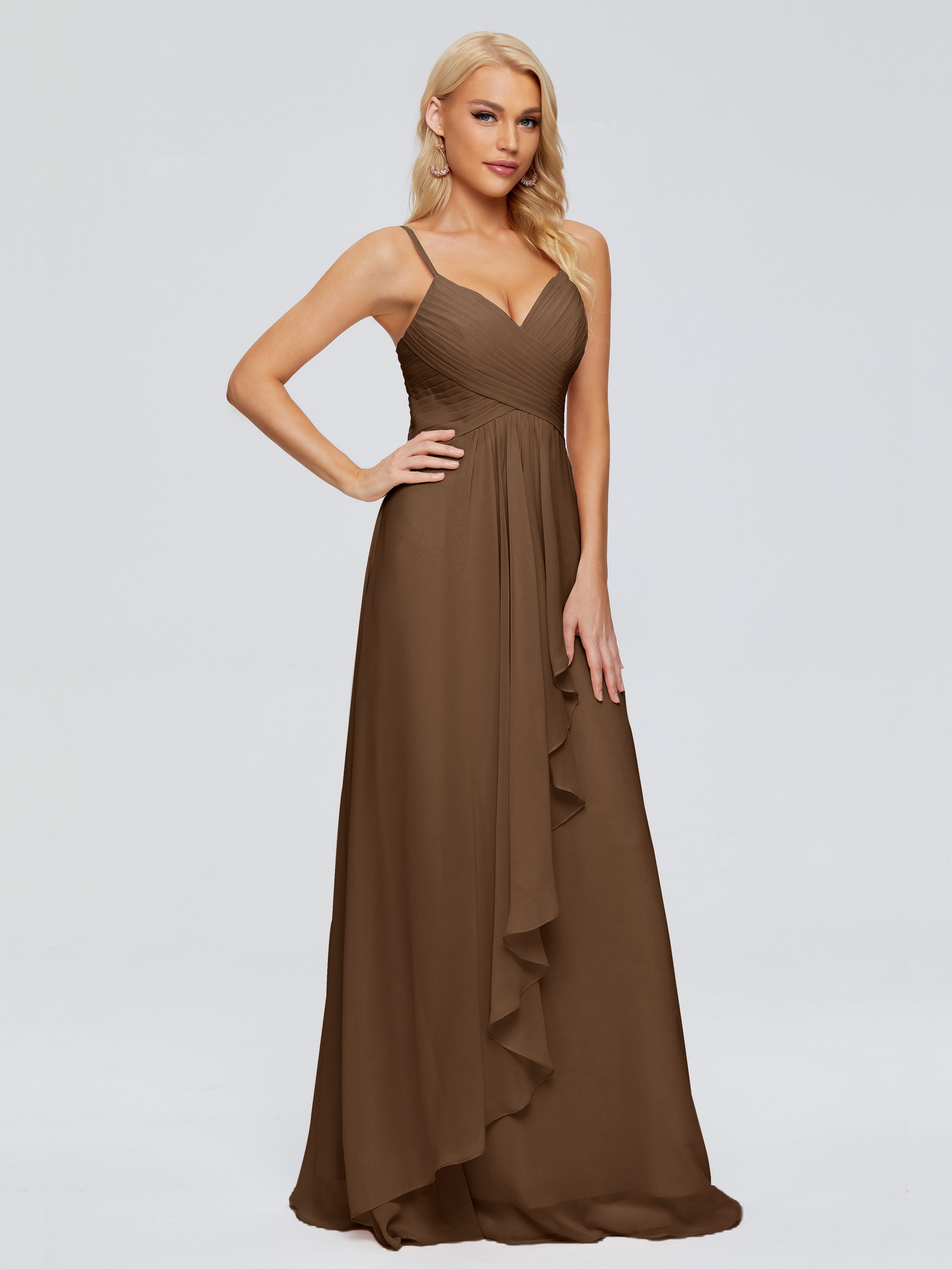 Robes De Demoiselle D'Honneur Brun Trapèze Bretelles Spaghetti Mousseline Robes Demoiselle D'Honneur