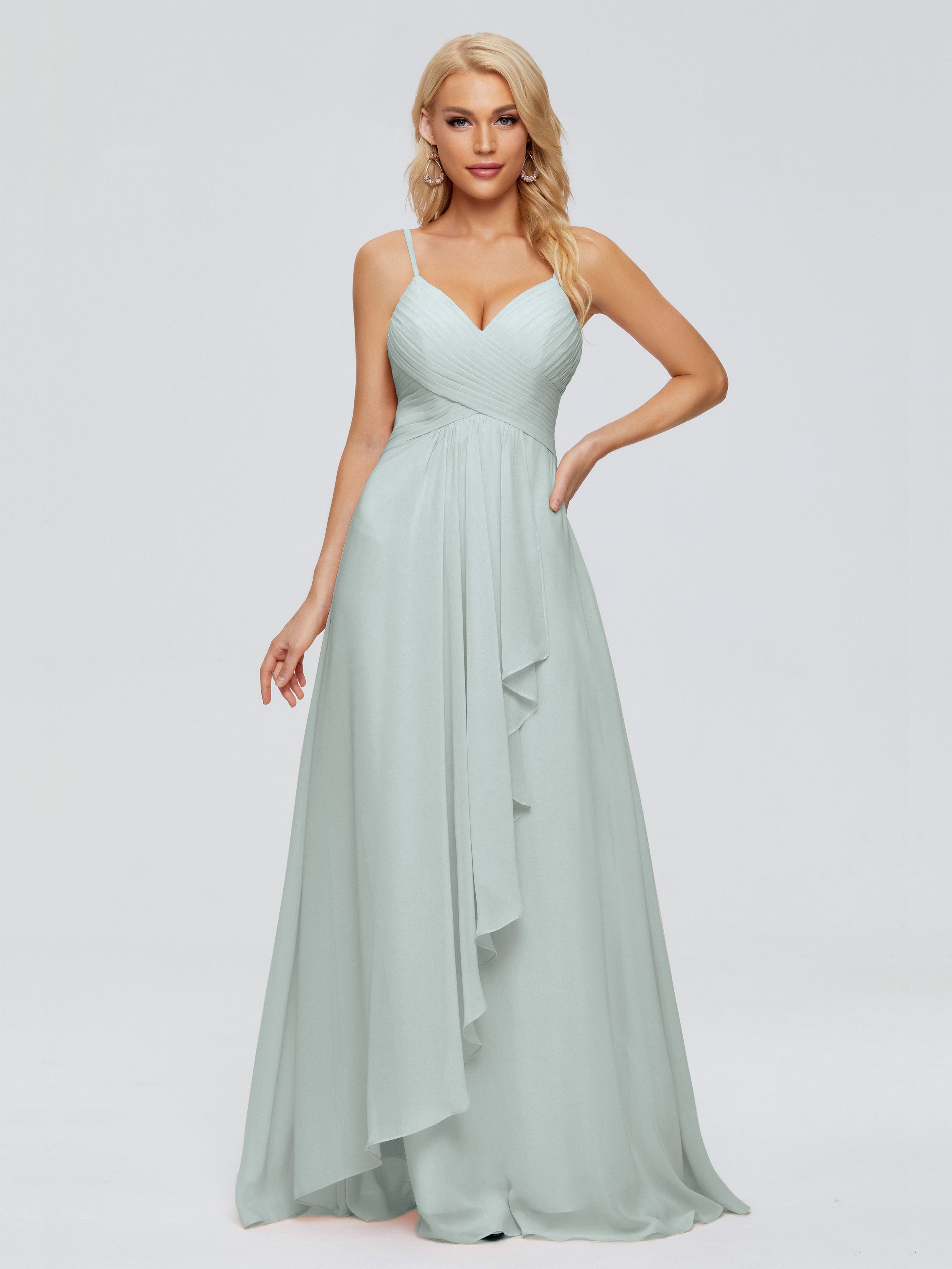 Robe Demoiselle D Honneur Vert Celadon Trapèze Bretelles Spaghetti Mousseline Robes Demoiselle D'Honneur