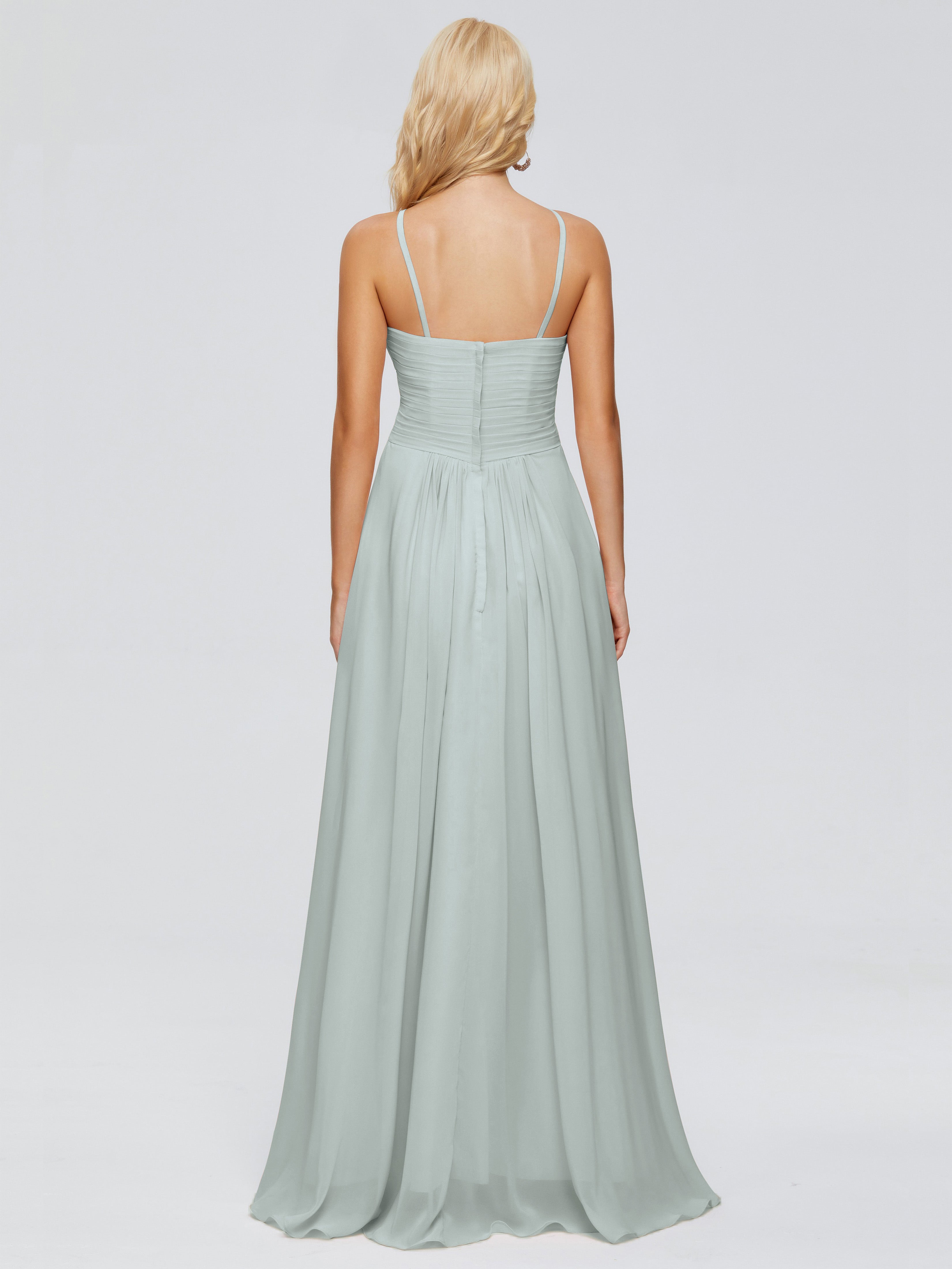 Robe Demoiselle D Honneur Vert Celadon Trapèze Bretelles Spaghetti Mousseline Robes Demoiselle D'Honneur