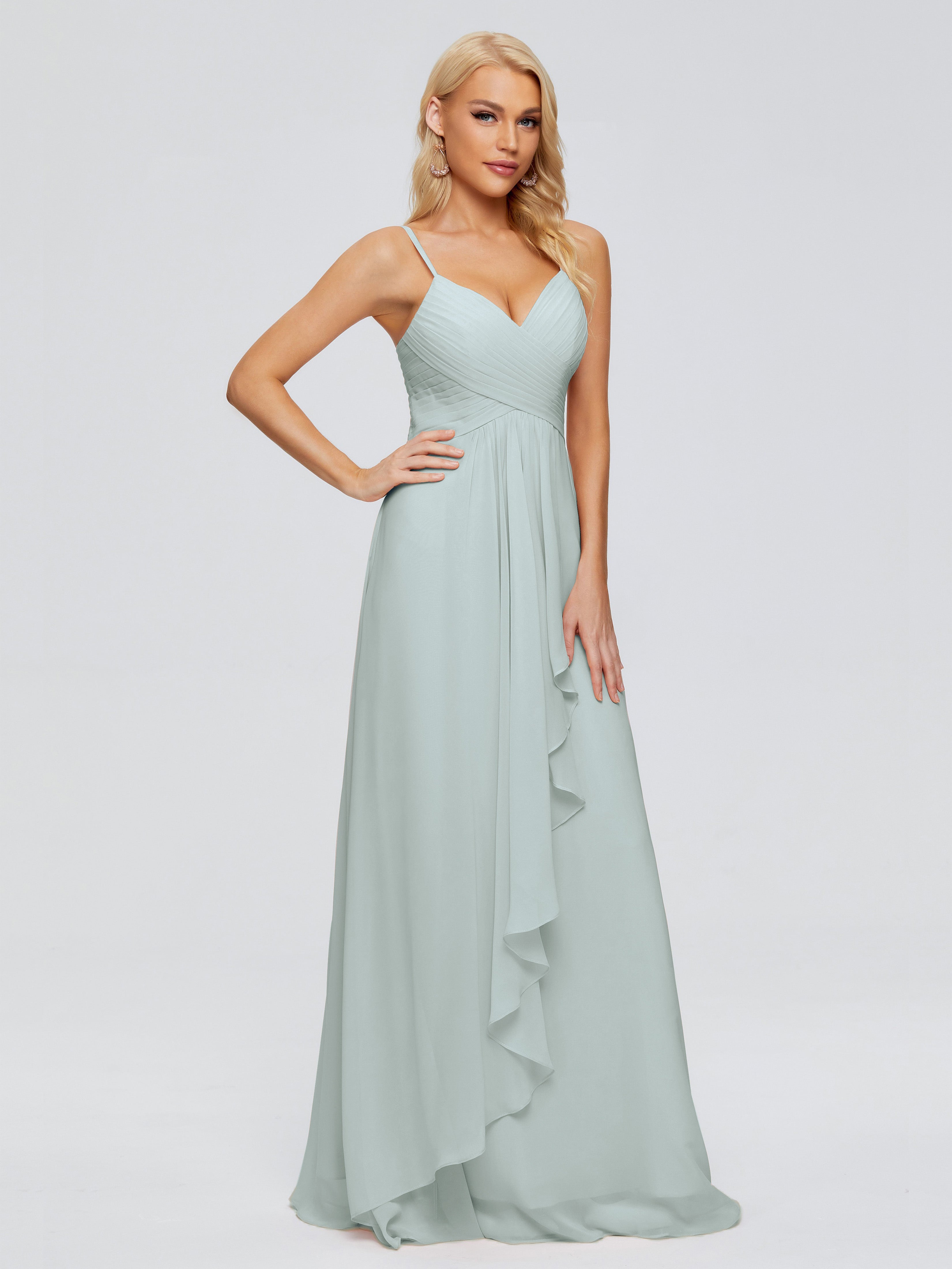 Robe Demoiselle D Honneur Vert Celadon Trapèze Bretelles Spaghetti Mousseline Robes Demoiselle D'Honneur