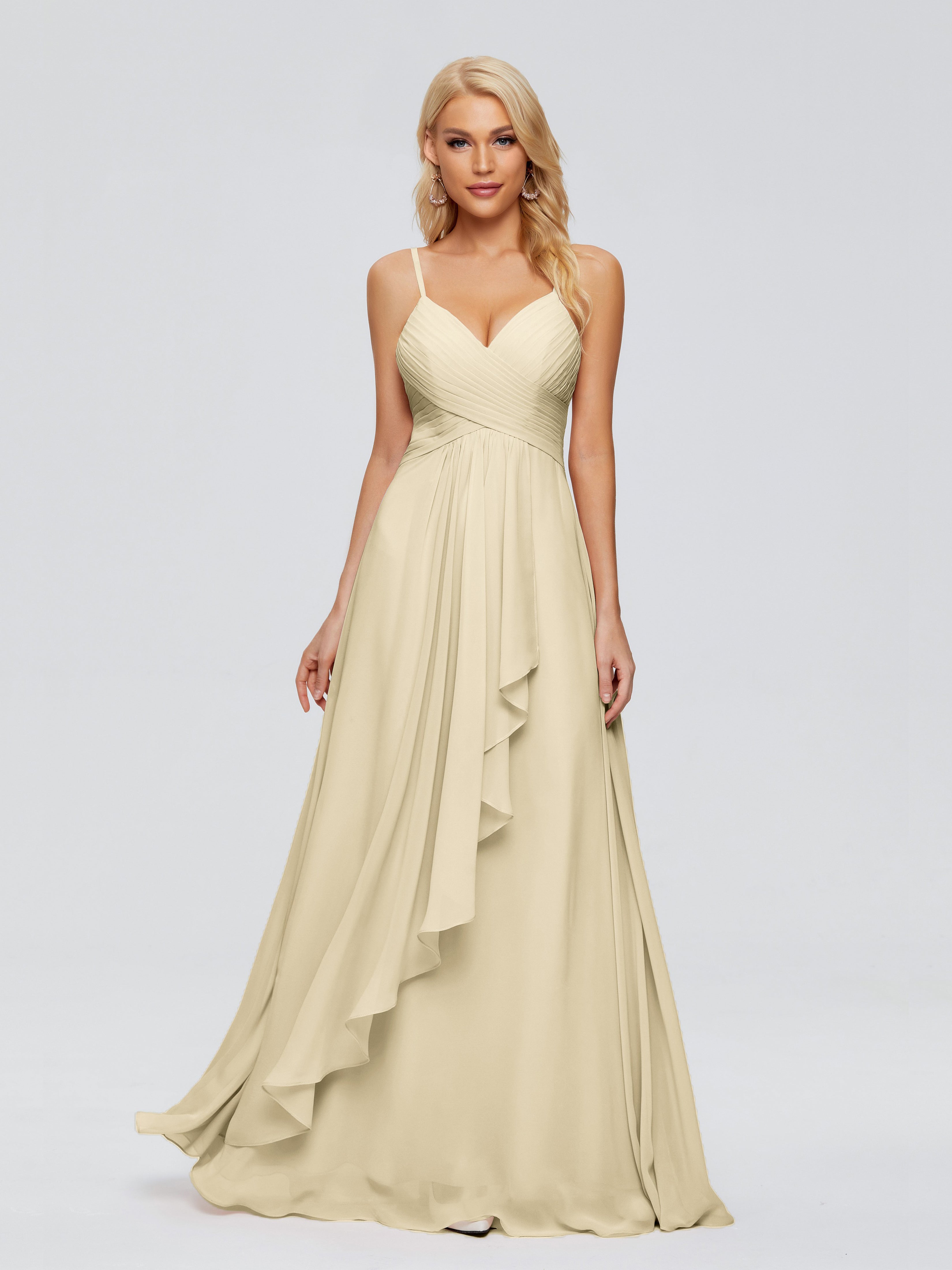 Robe Demoiselle D Honneur Couleur Champagne Trapèze Bretelles Spaghetti Mousseline Robes Demoiselle D'Honneur