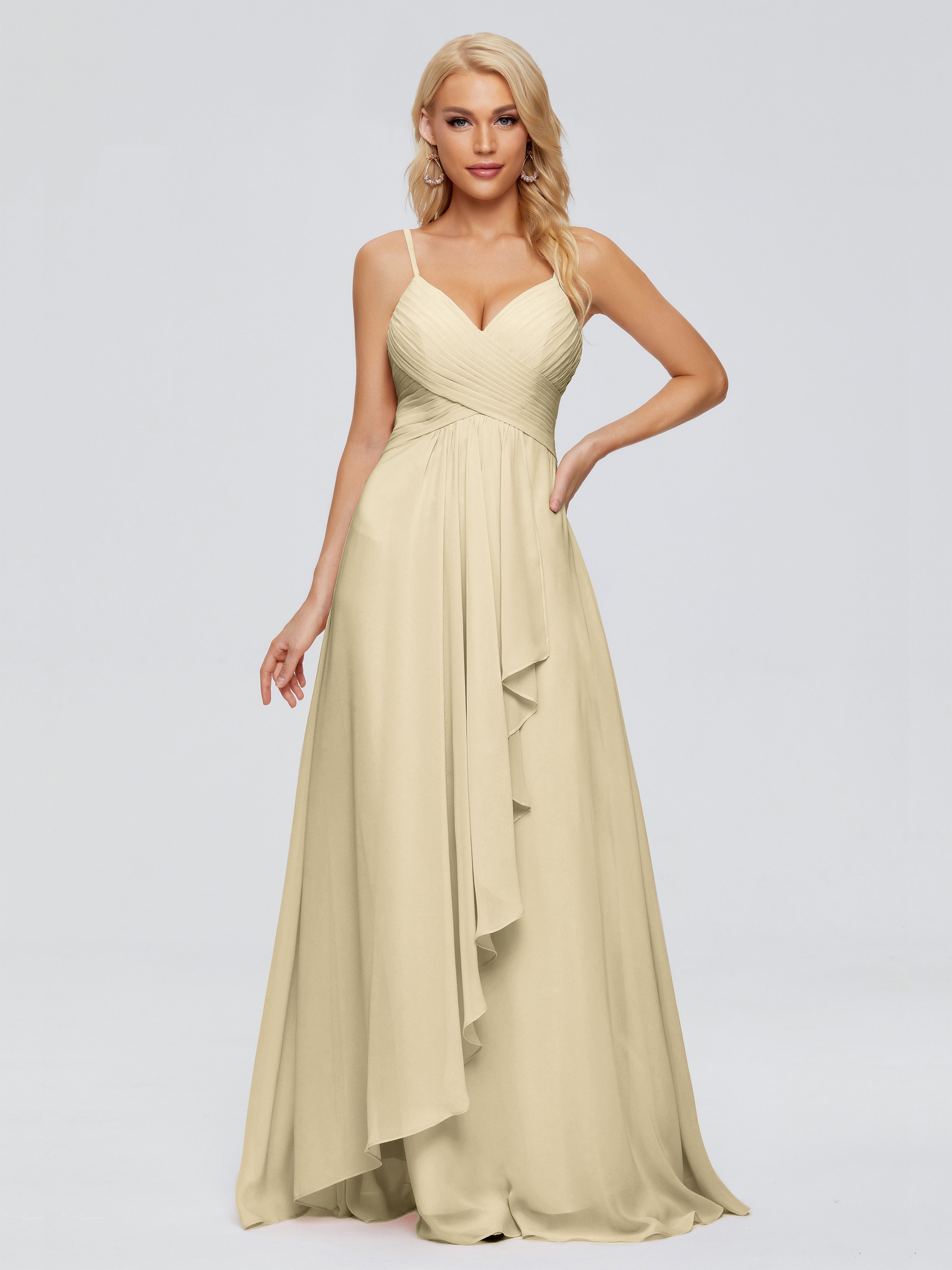 Robe Demoiselle D Honneur Couleur Champagne Trapèze Bretelles Spaghetti Mousseline Robes Demoiselle D'Honneur