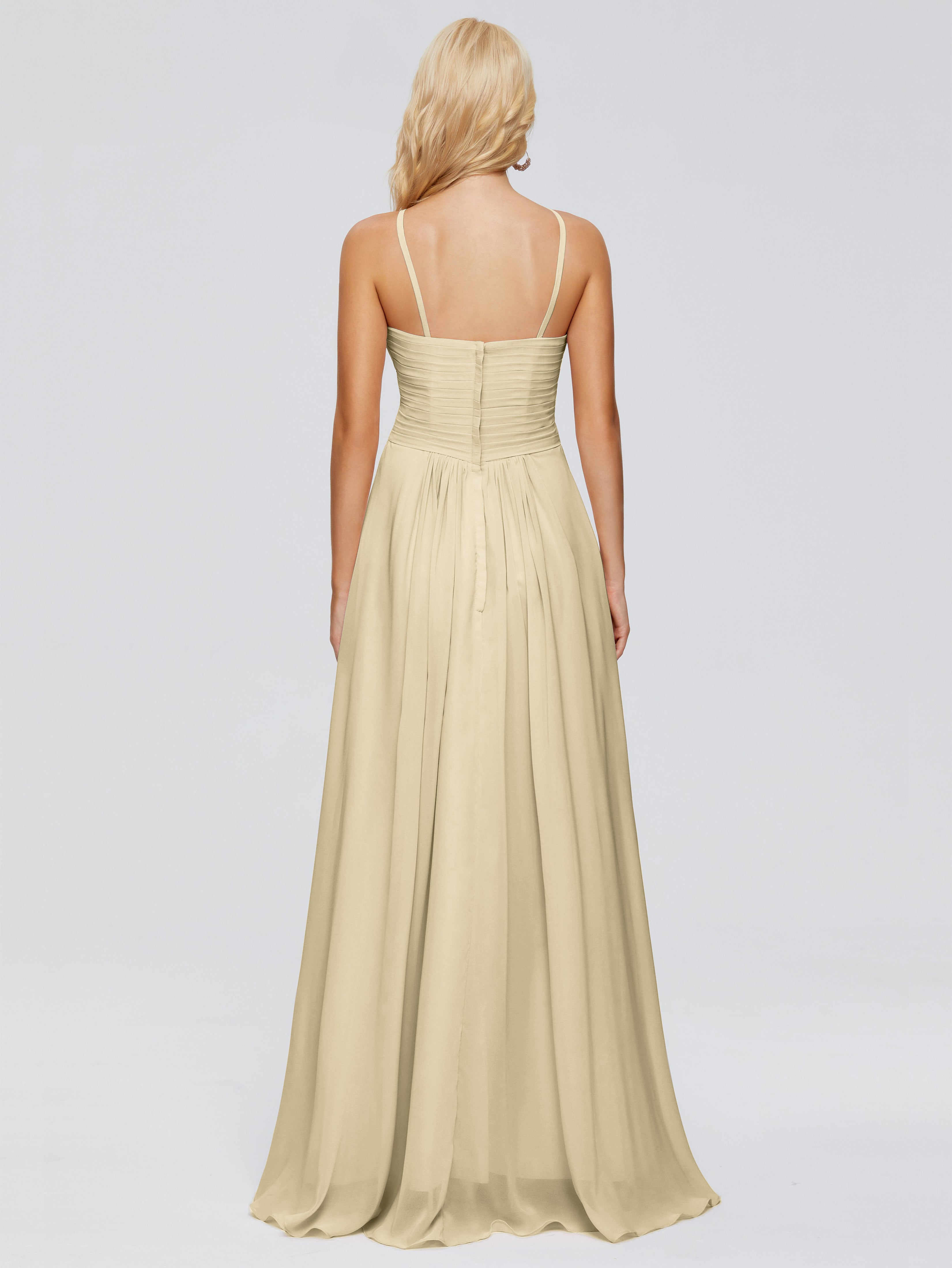 Robe Demoiselle D Honneur Couleur Champagne Trapèze Bretelles Spaghetti Mousseline Robes Demoiselle D'Honneur