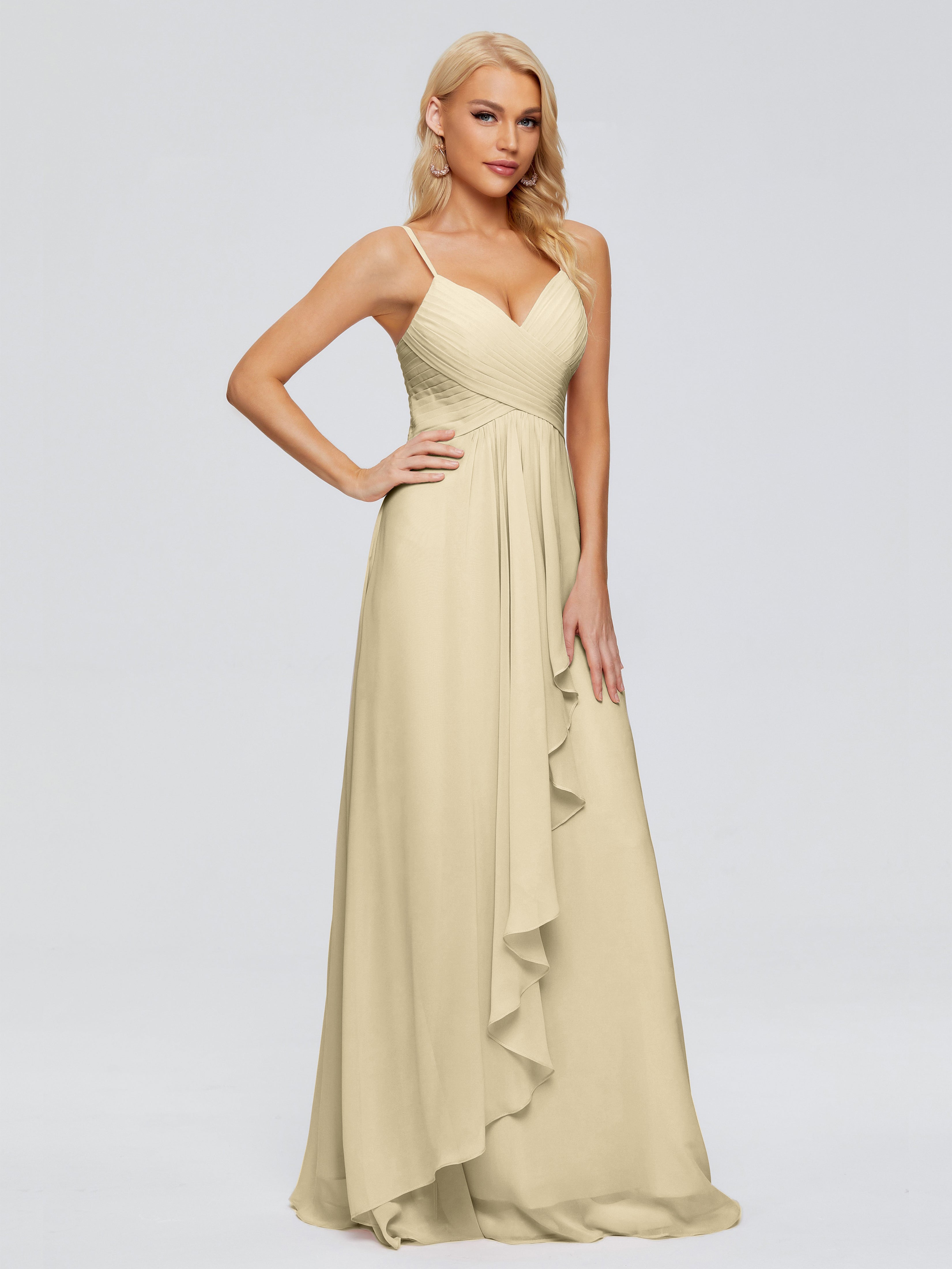 Robe Demoiselle D Honneur Couleur Champagne Trapèze Bretelles Spaghetti Mousseline Robes Demoiselle D'Honneur