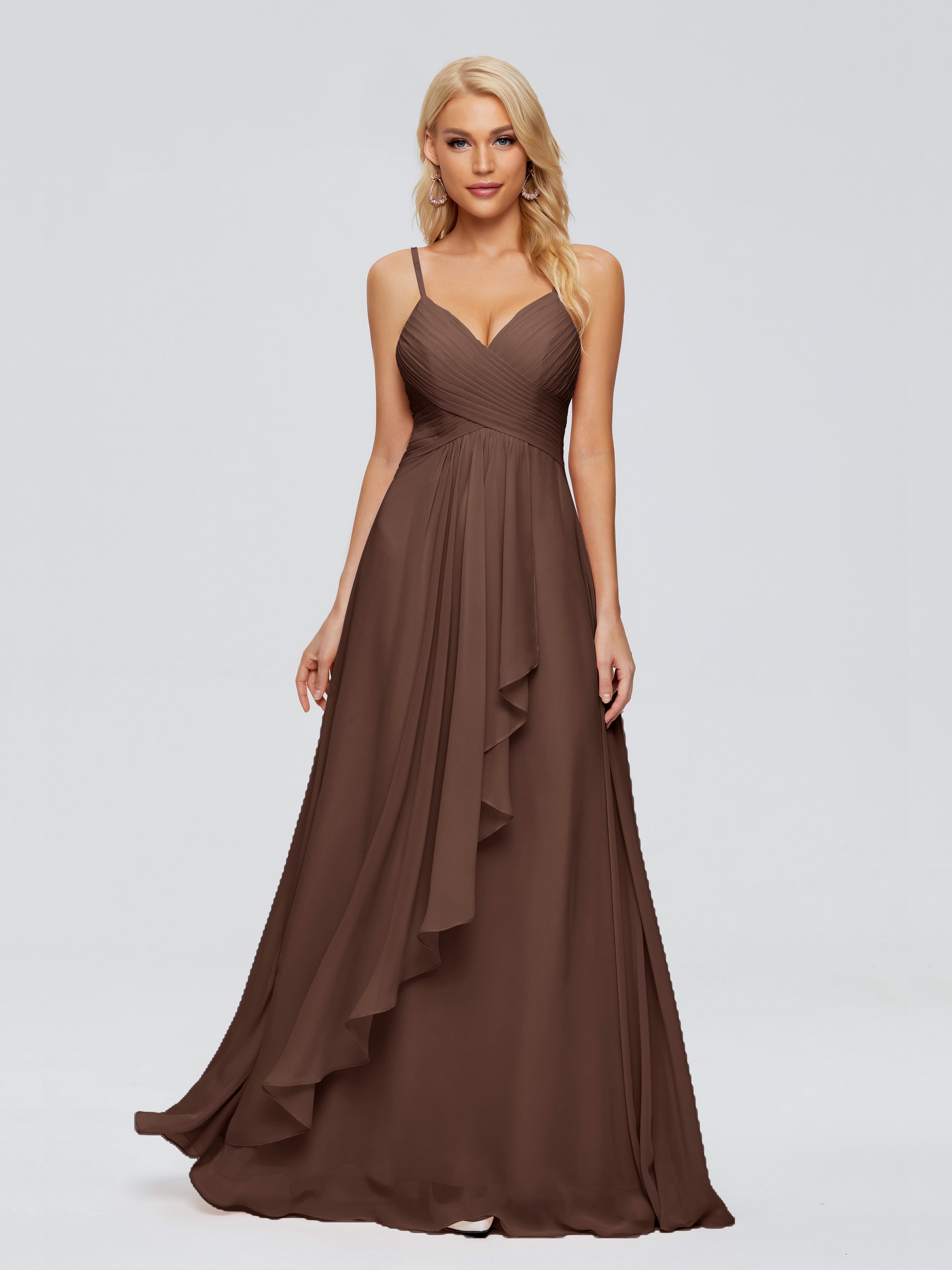 Robe Demoiselle D Honneur Marron Chocolat Trapèze Bretelles Spaghetti Mousseline Robes Demoiselle D'Honneur