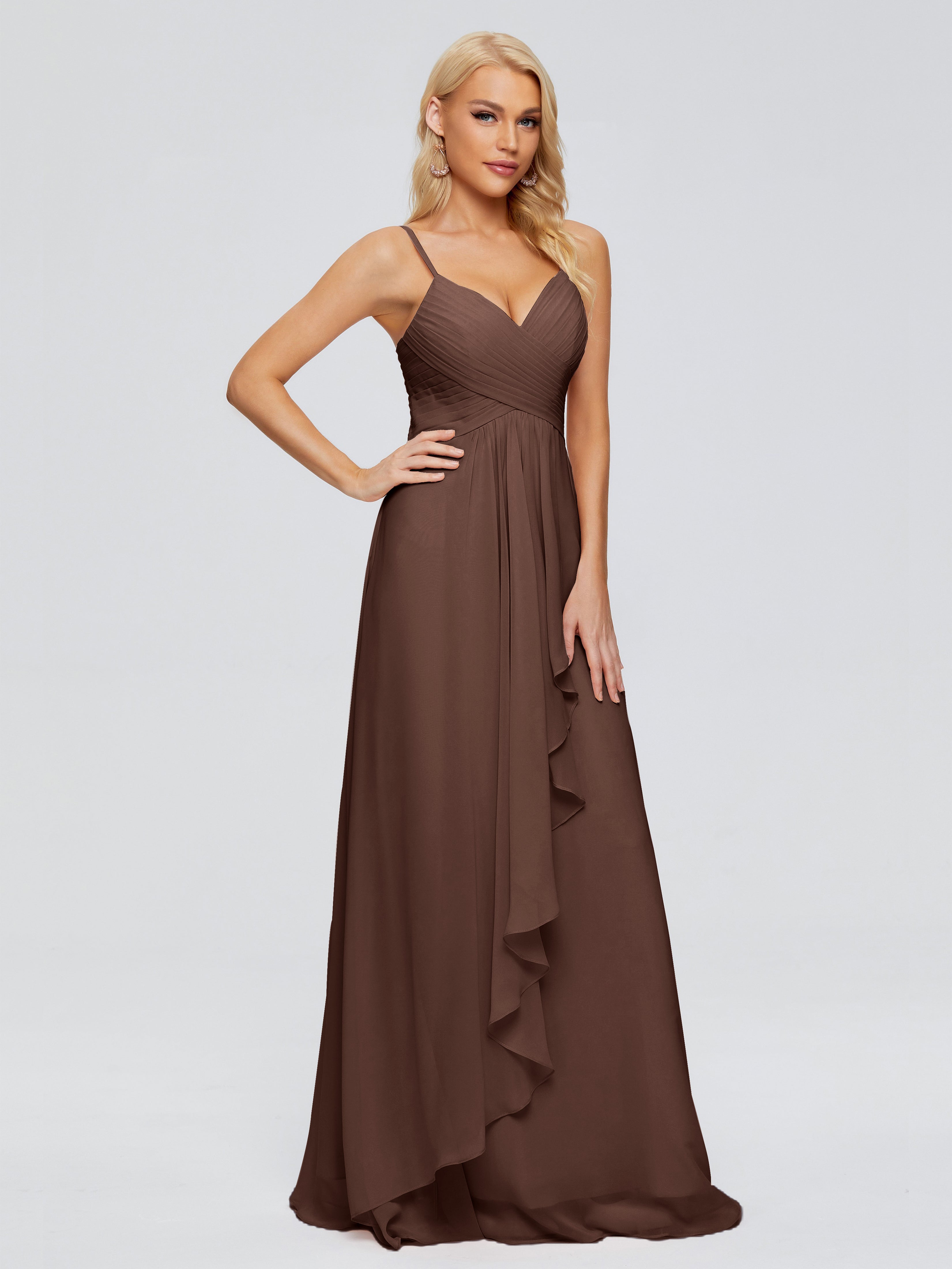 Robe Demoiselle D Honneur Marron Chocolat Trapèze Bretelles Spaghetti Mousseline Robes Demoiselle D'Honneur