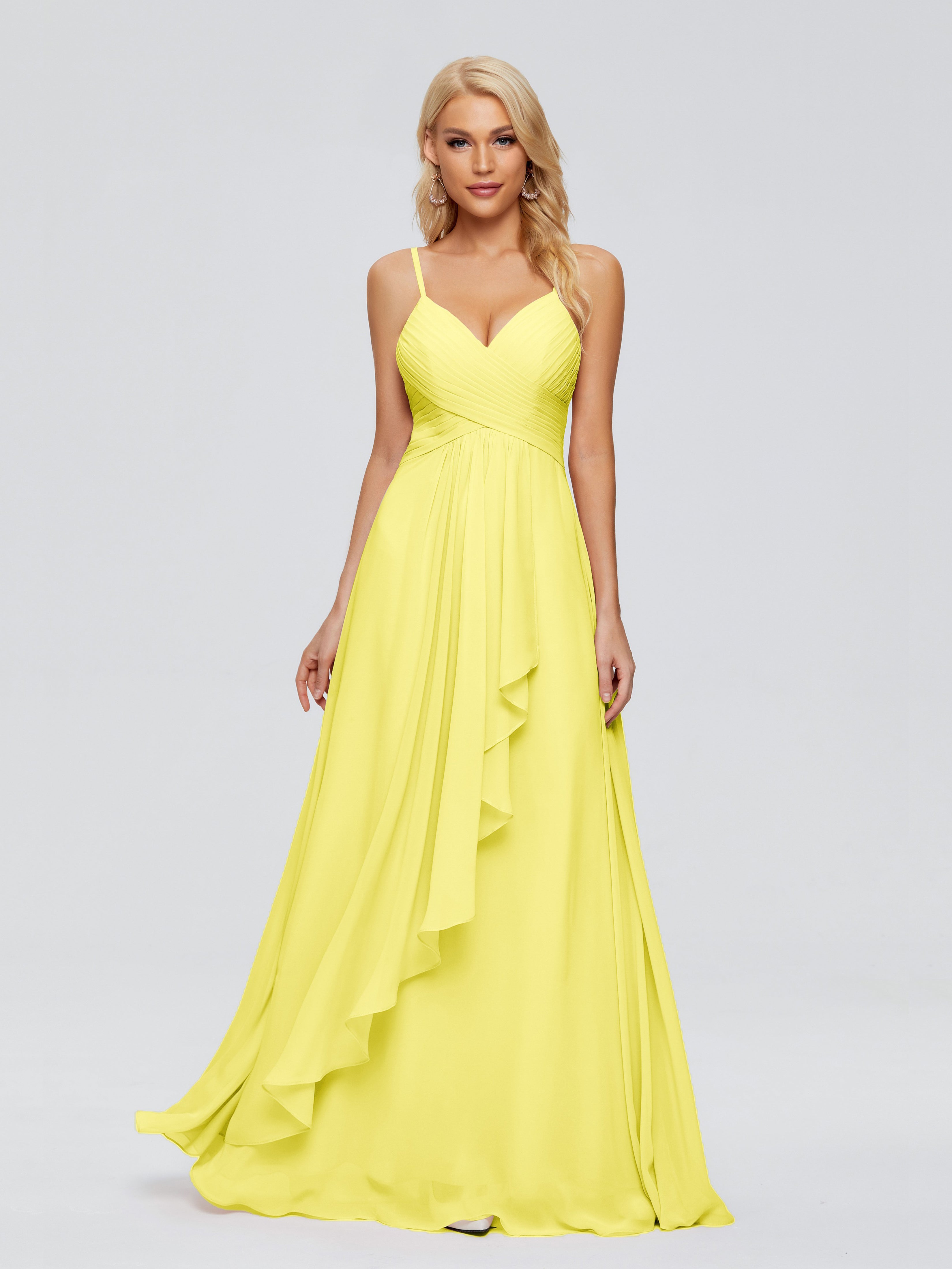 Robes De Demoiselle D'Honneur Citron Trapèze Bretelles Spaghetti Mousseline Robes Demoiselle D'Honneur