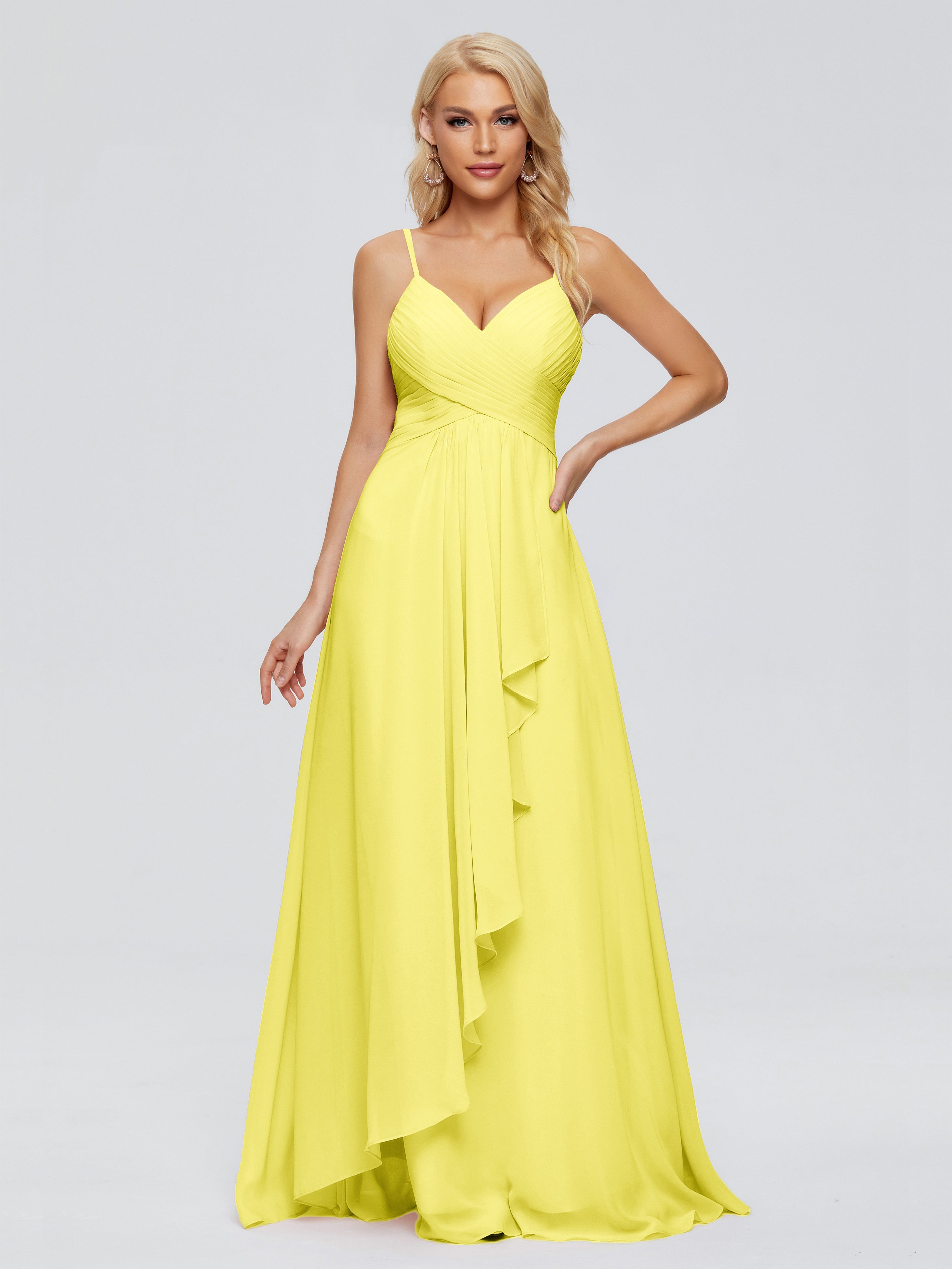Robes De Demoiselle D'Honneur Citron Trapèze Bretelles Spaghetti Mousseline Robes Demoiselle D'Honneur