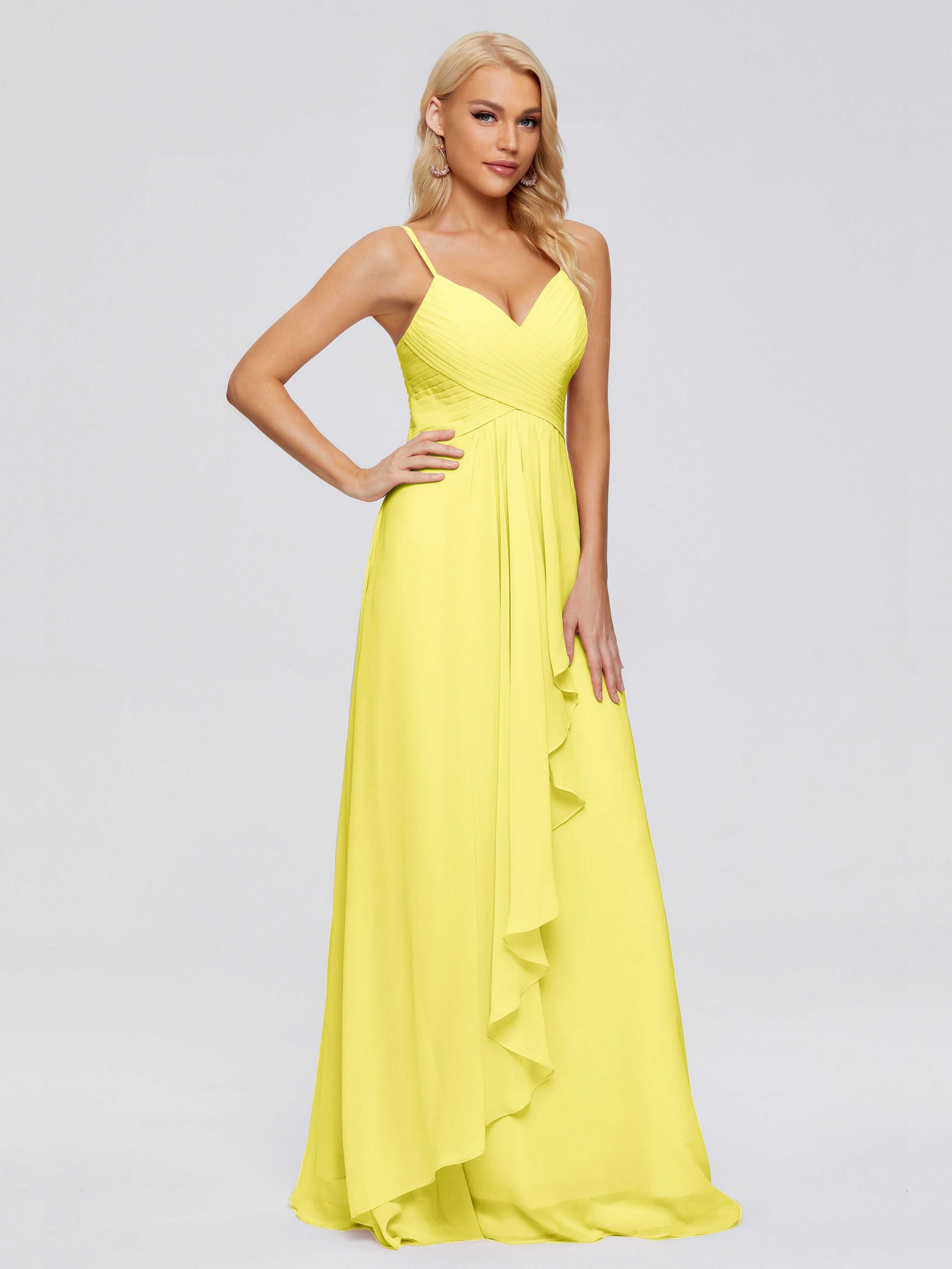 Robes De Demoiselle D'Honneur Citron Trapèze Bretelles Spaghetti Mousseline Robes Demoiselle D'Honneur