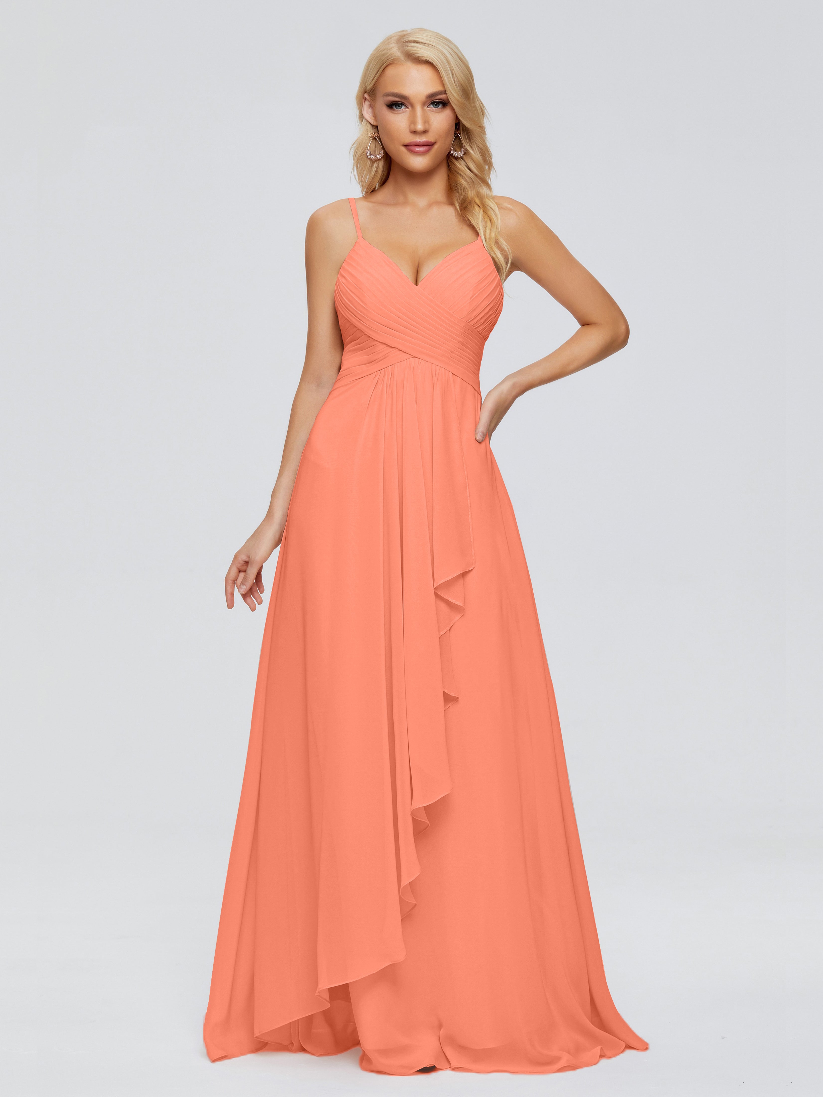 Robes De Demoiselle D'Honneur Coucher De Soleil Trapèze Bretelles Spaghetti Mousseline Robes Demoiselle D'Honneur