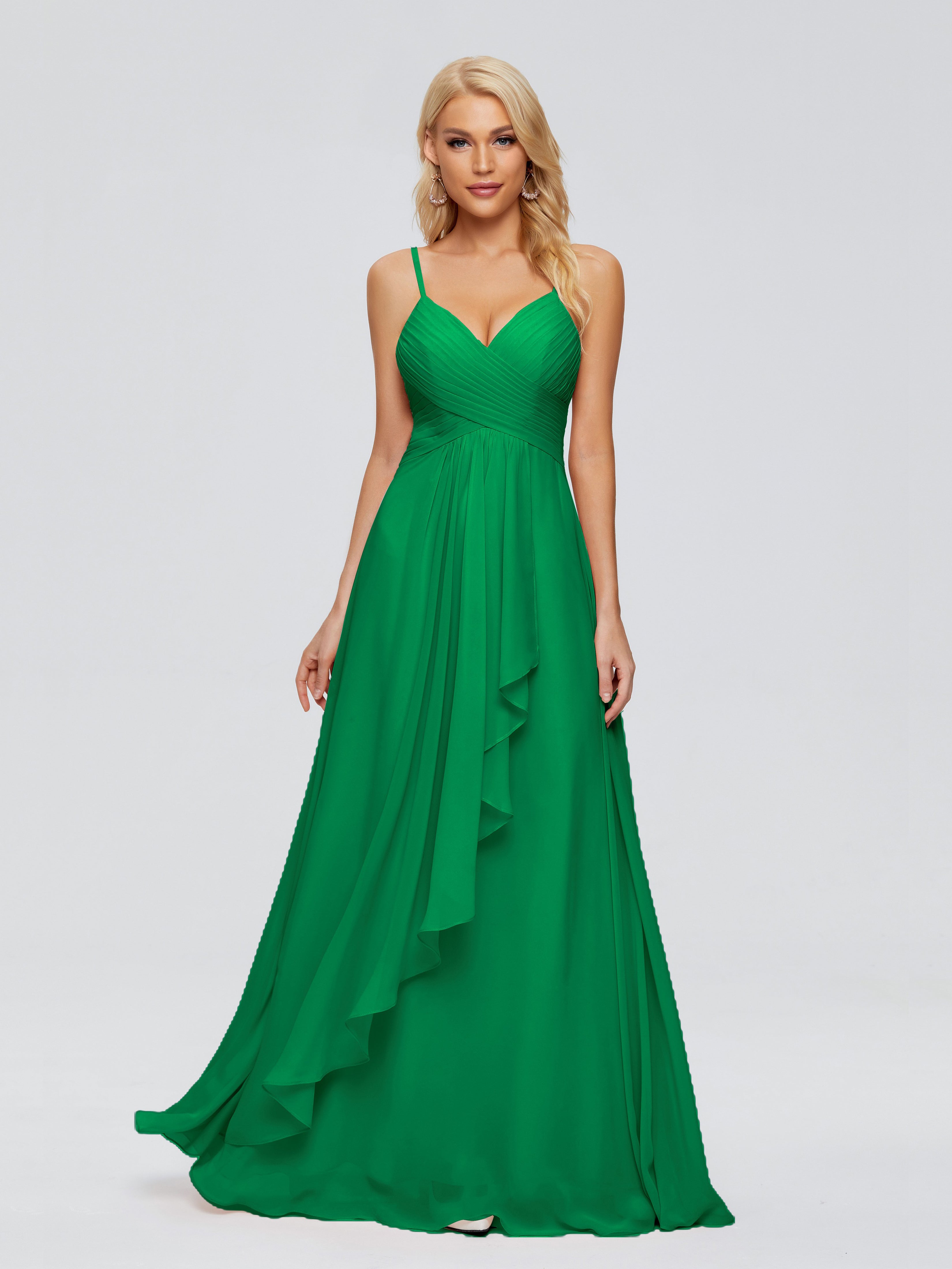 Robes De Demoiselle D'Honneur Vert Émeraude Trapèze Bretelles Spaghetti Mousseline Robes Demoiselle D'Honneur