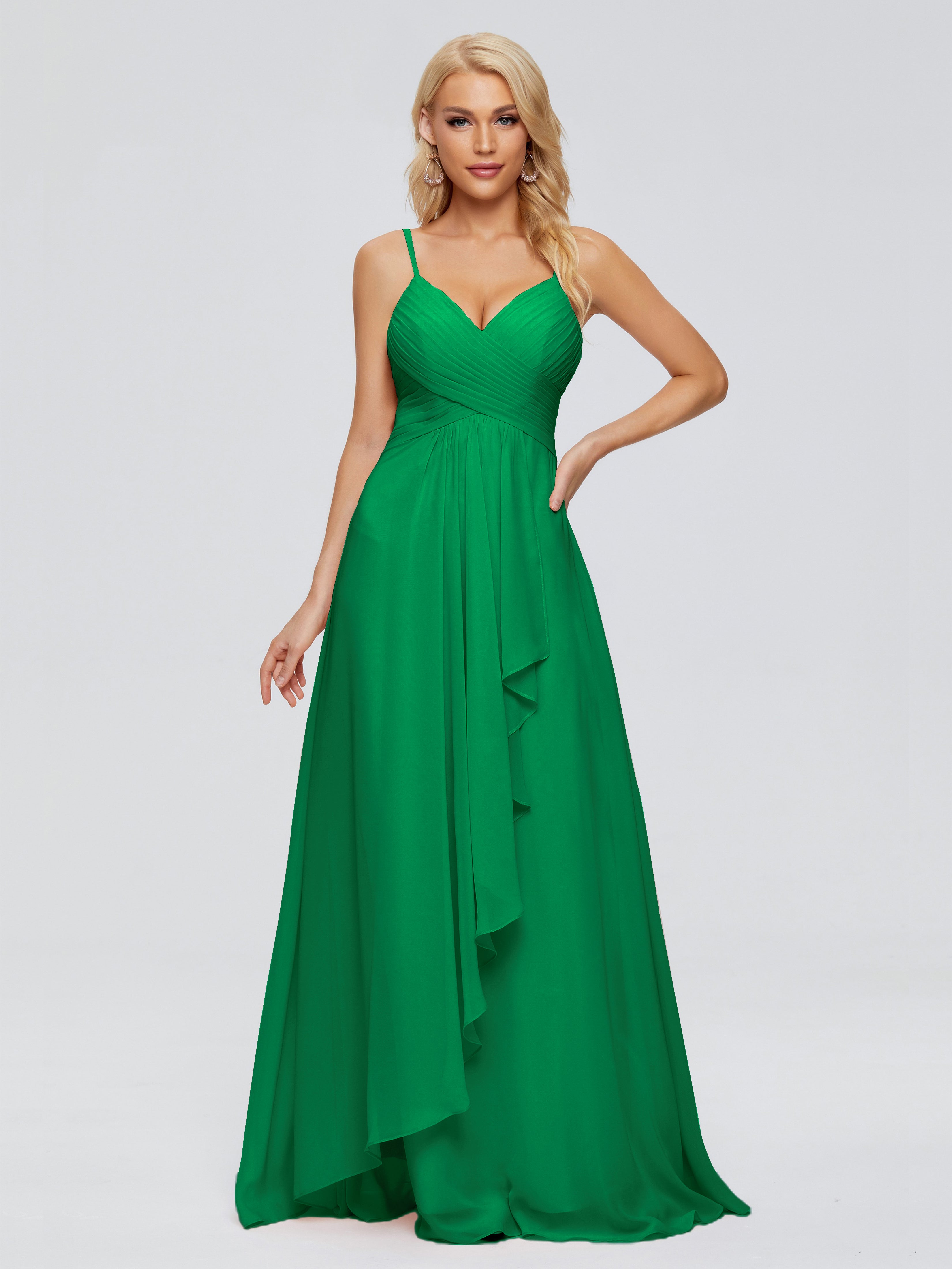 Robes De Demoiselle D'Honneur Vert Émeraude Trapèze Bretelles Spaghetti Mousseline Robes Demoiselle D'Honneur