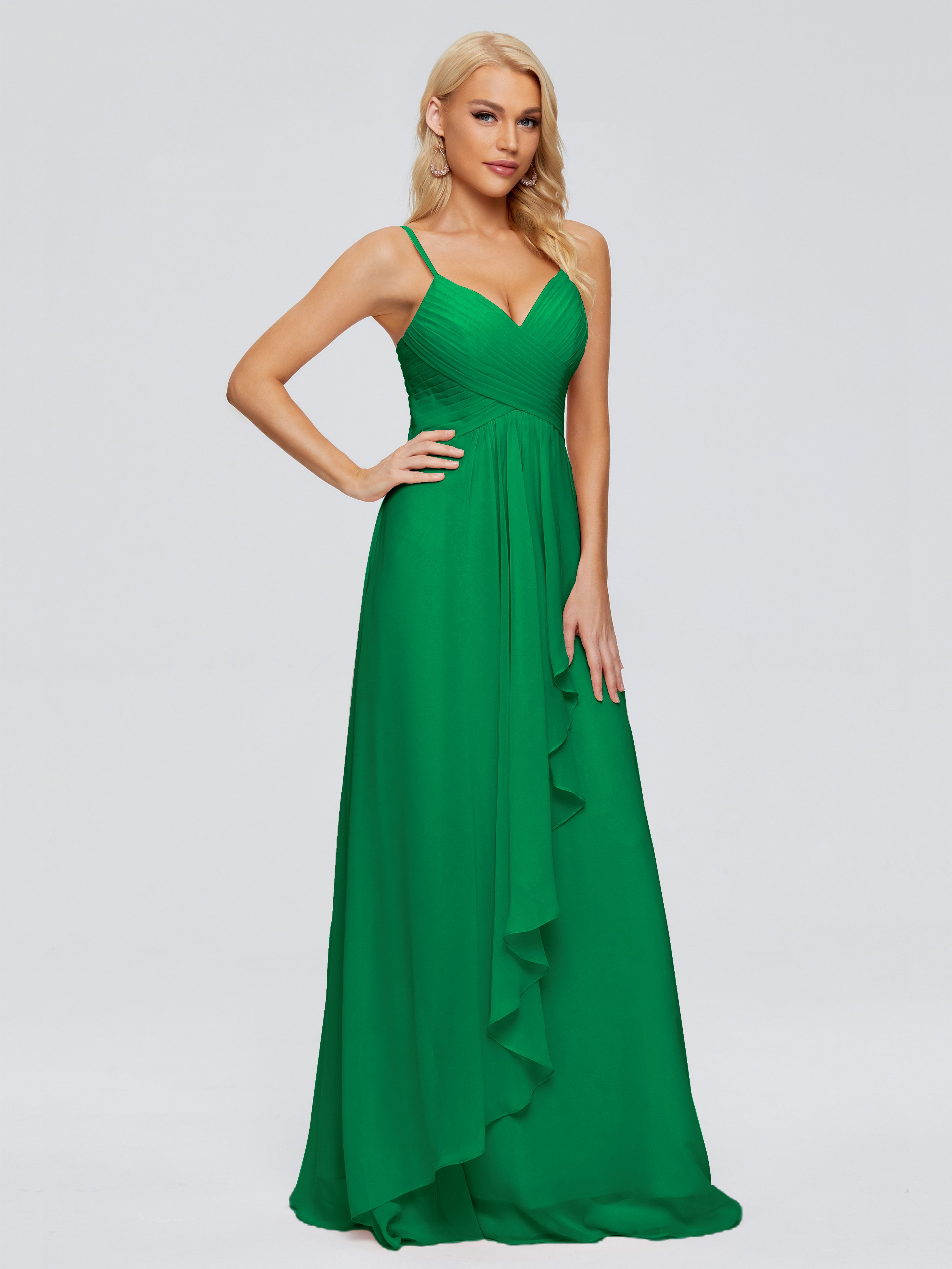 Robes De Demoiselle D'Honneur Vert Émeraude Trapèze Bretelles Spaghetti Mousseline Robes Demoiselle D'Honneur