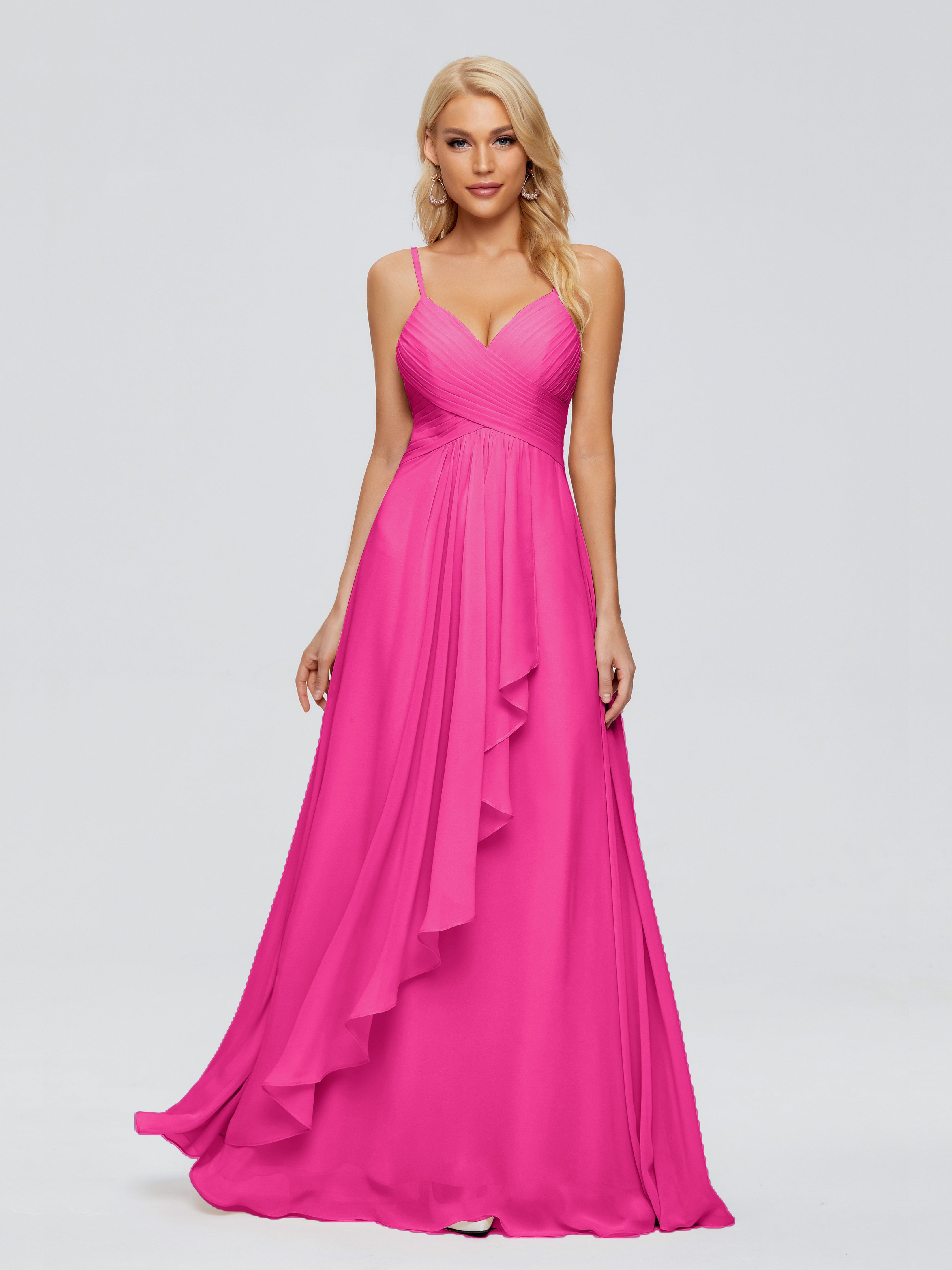 Robes De Demoiselle D'Honneur Rose Fuchsia Couleur Trapèze Bretelles Spaghetti Mousseline Robes Demoiselle D'Honneur