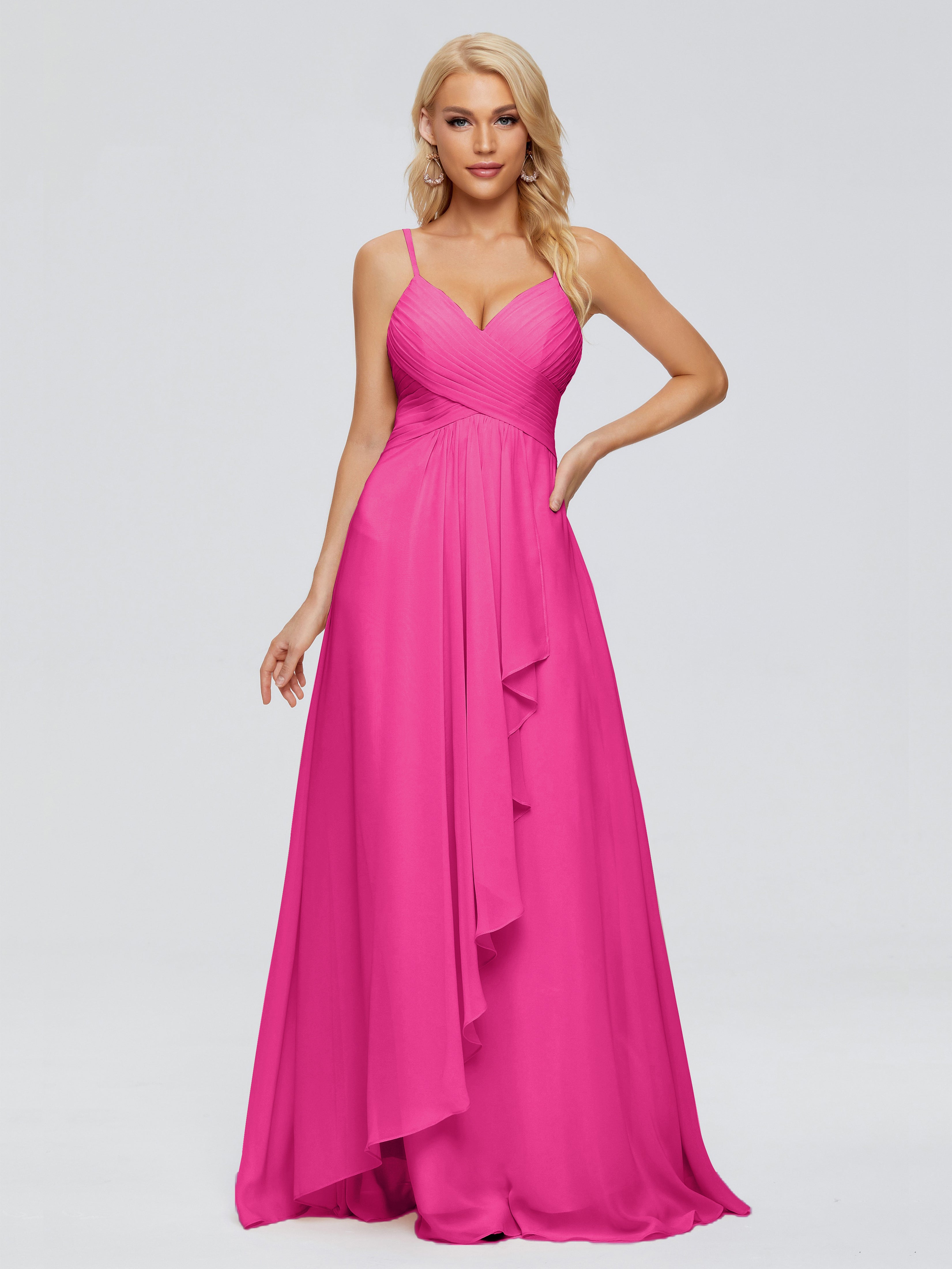 Robes De Demoiselle D'Honneur Rose Fuchsia Couleur Trapèze Bretelles Spaghetti Mousseline Robes Demoiselle D'Honneur