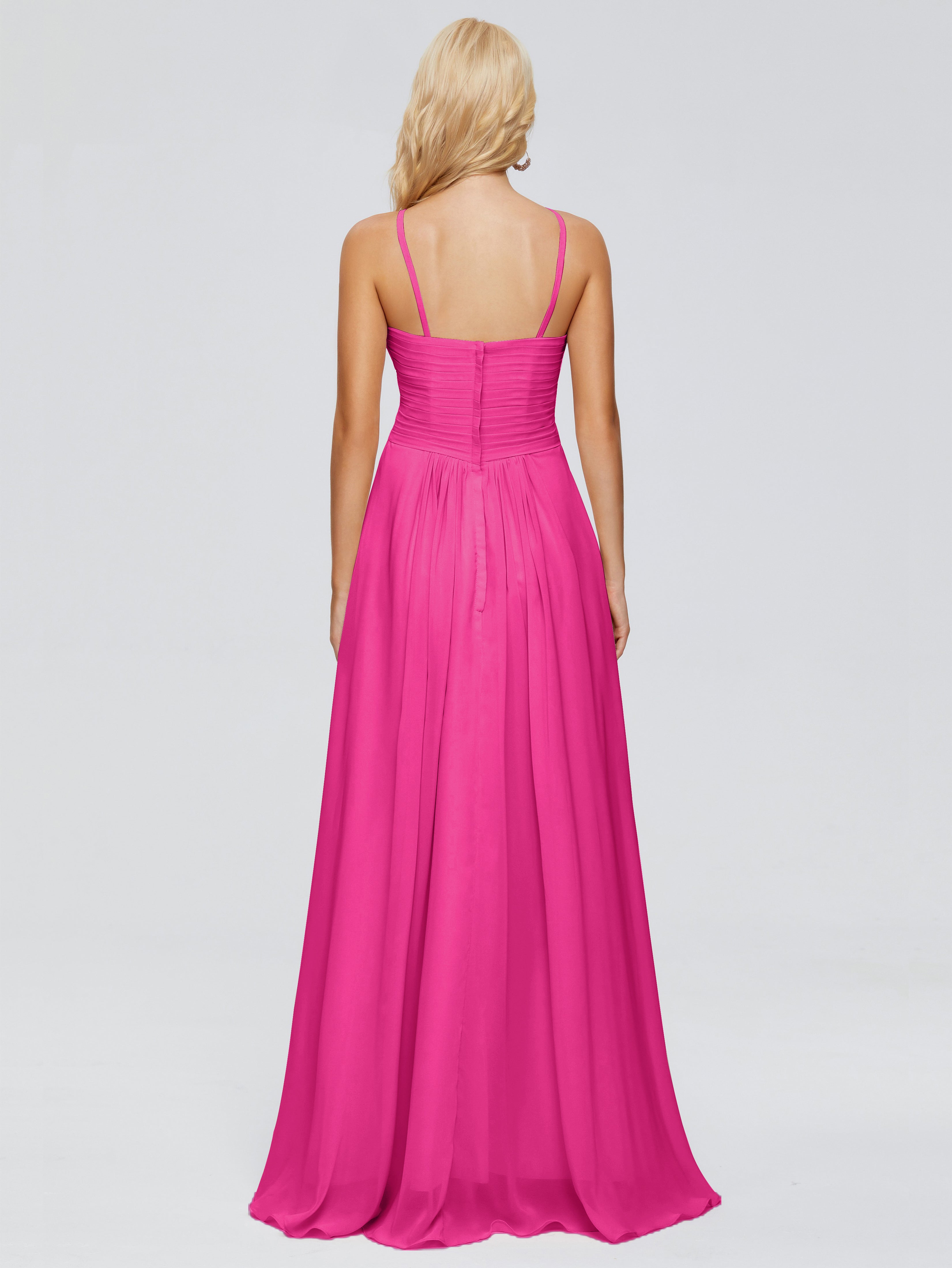 Robes De Demoiselle D'Honneur Rose Fuchsia Couleur Trapèze Bretelles Spaghetti Mousseline Robes Demoiselle D'Honneur
