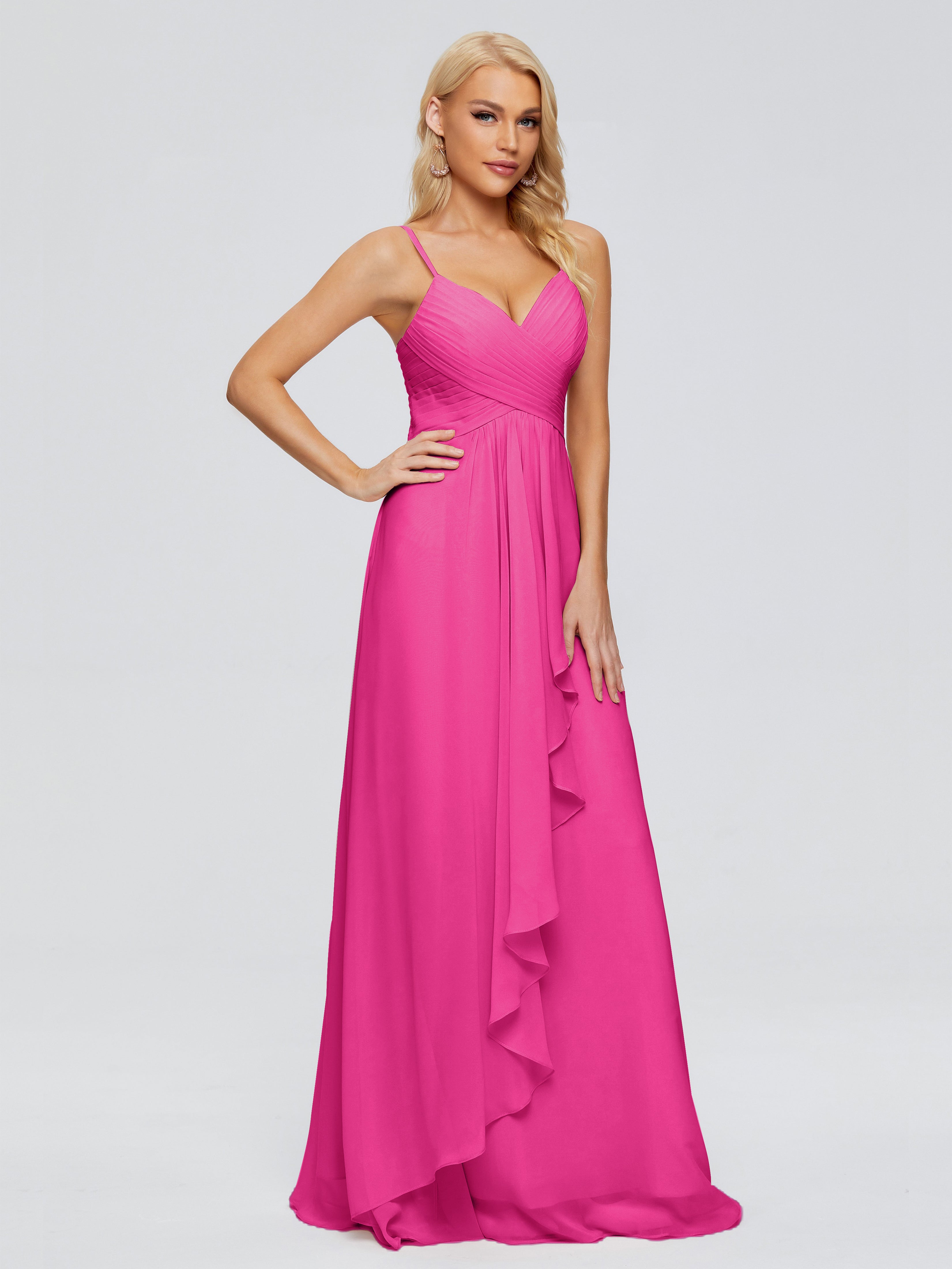Robes De Demoiselle D'Honneur Rose Fuchsia Couleur Trapèze Bretelles Spaghetti Mousseline Robes Demoiselle D'Honneur